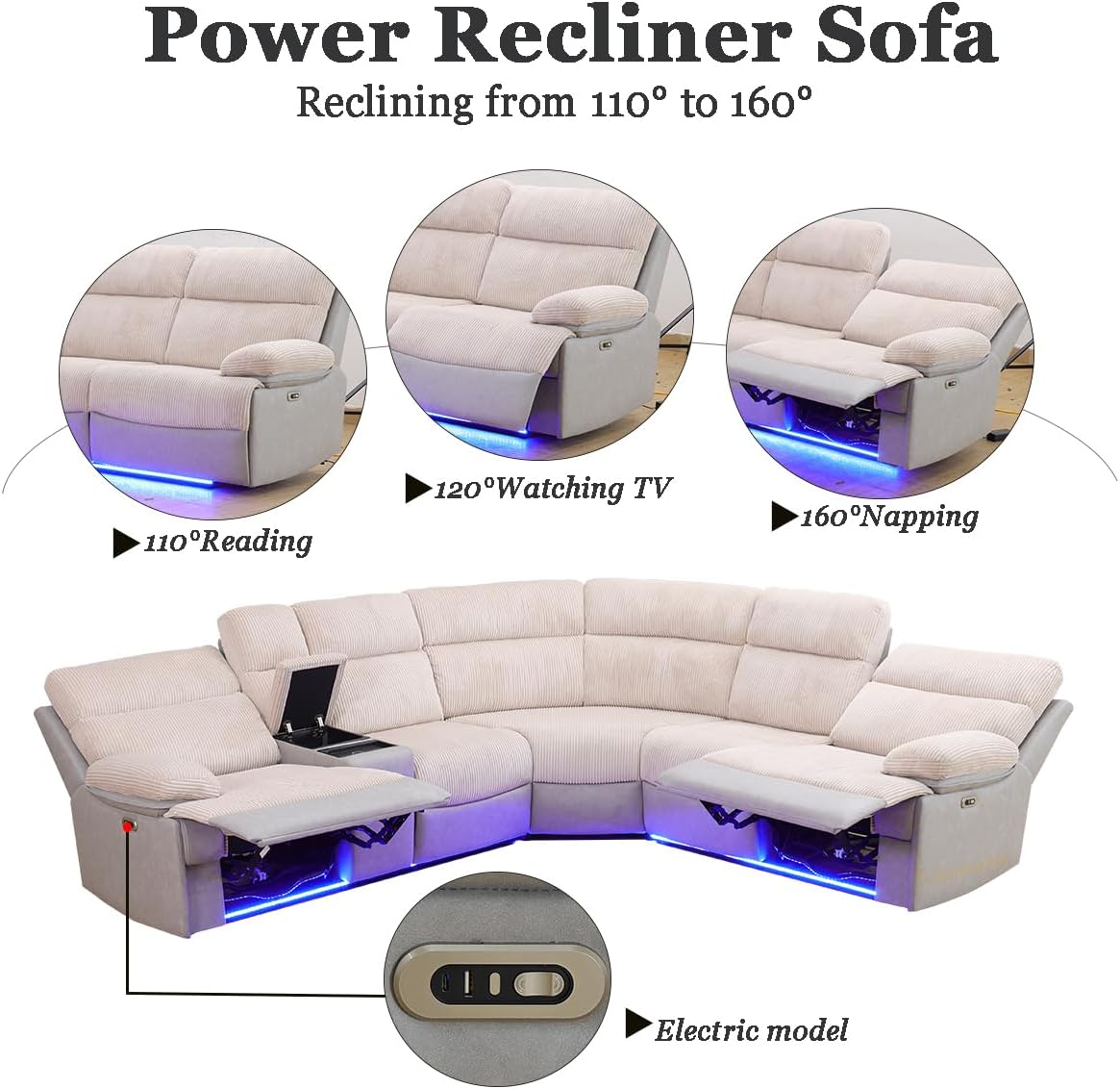 Power Reclining Sectional Sofa with LED and USB Charging