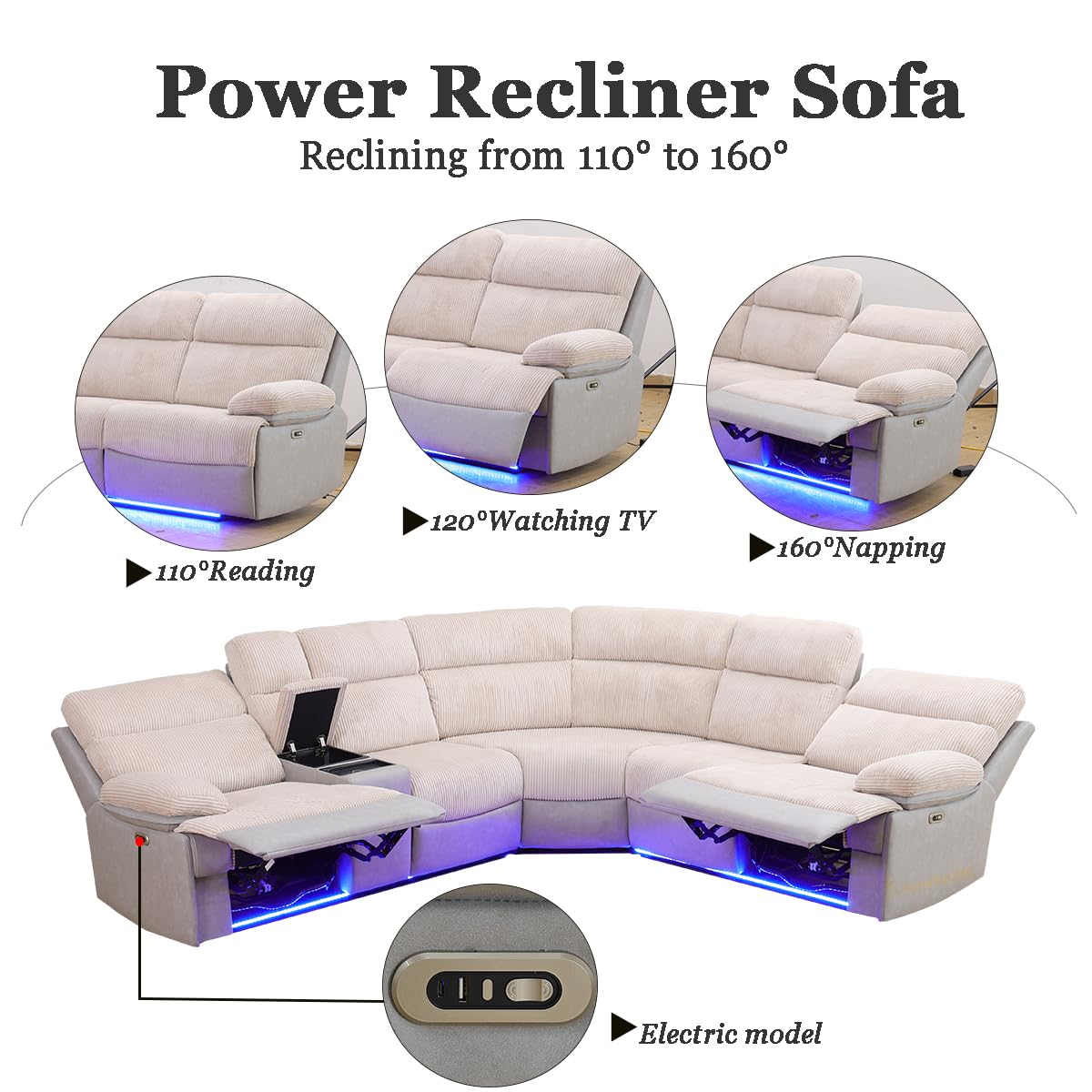 Power Reclining Sectional Sofa with LED and USB Charging