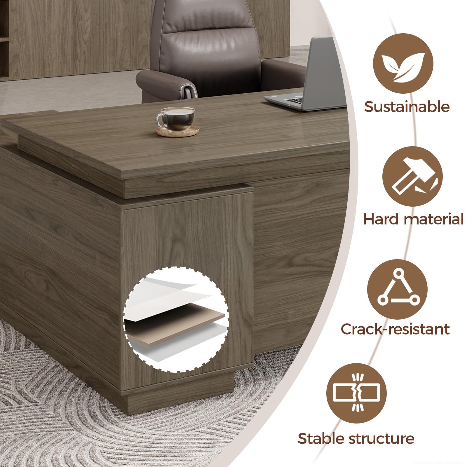 L-Shaped Executive Desk with Lockable Drawers - 63 Inch