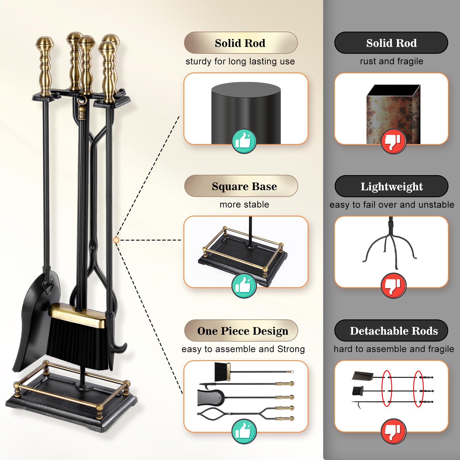 5-Piece Fireplace Tool Set with Brass Handles