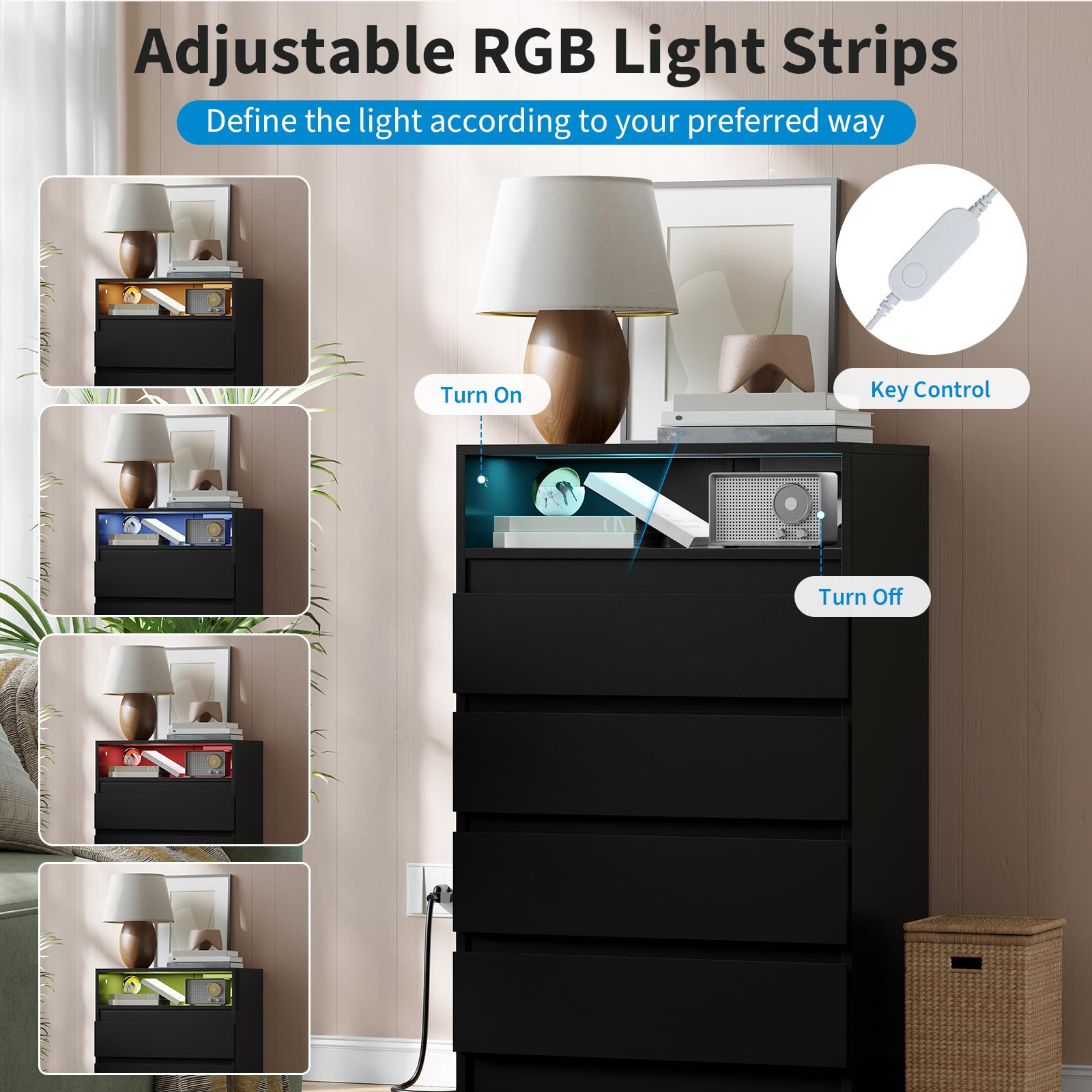 4 Drawer Dresser with Power Outlet and LED Light