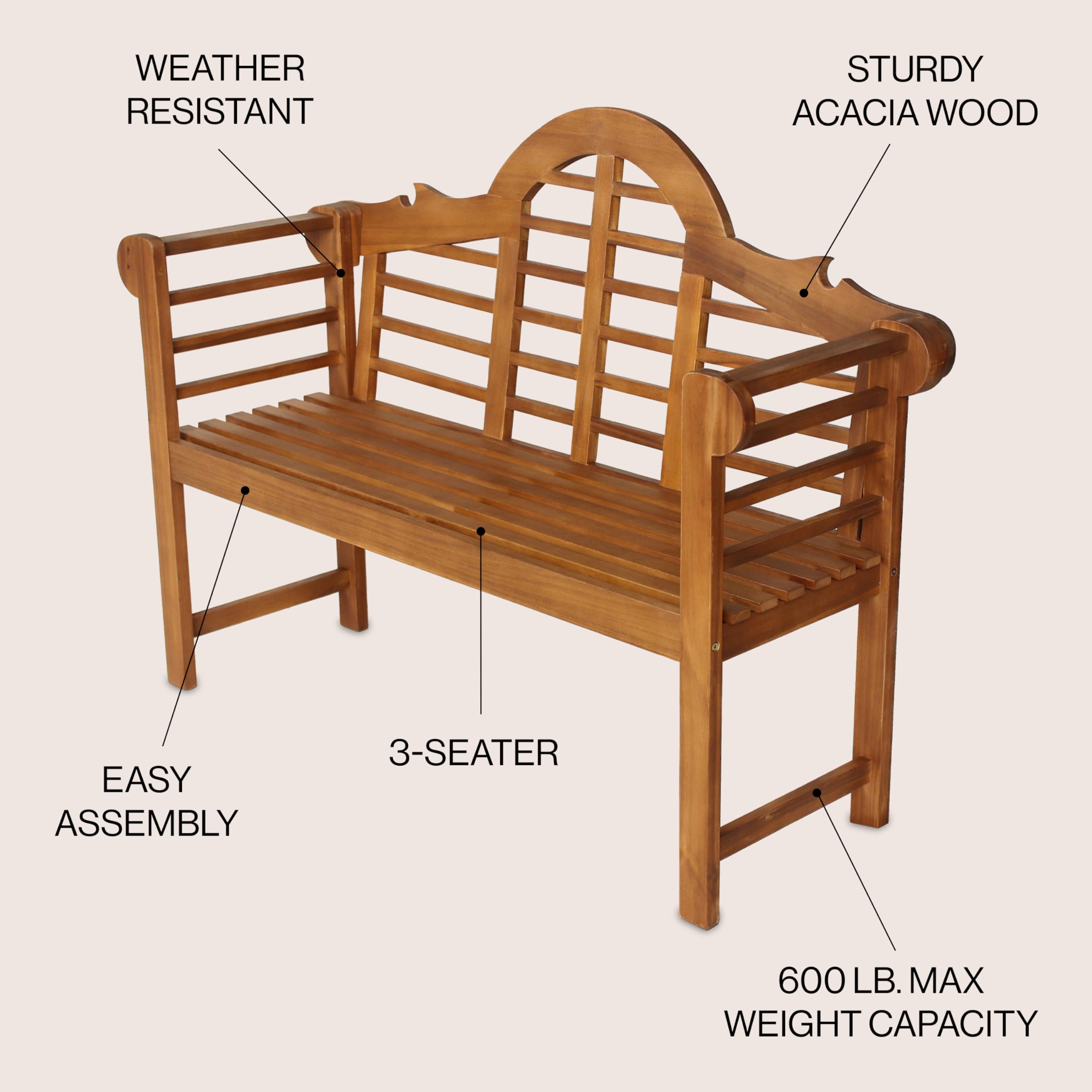 Acacia Wood Outdoor Garden Bench with Arched Back