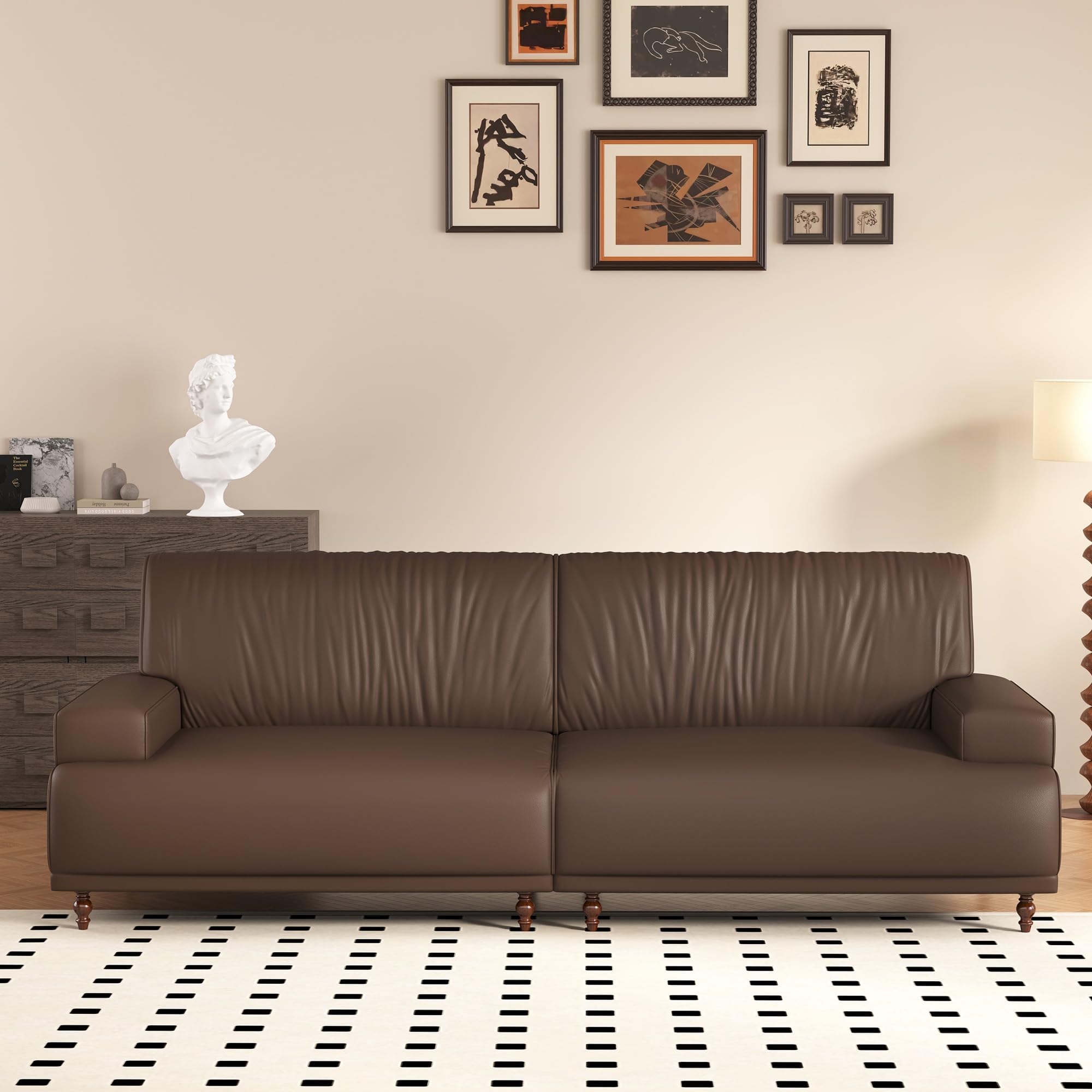 NessCarsti 86.41" Mid-Century Modern Leather 3-Seater Couch, Comfortable Sofa with Solid Wood Legs and Frame, for Living Room, Bedroom, Apartment, and Office,Brown