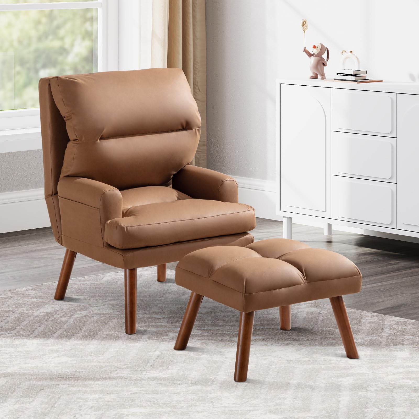 IOMOR Modern Accent Chair with Storage, Single Sofa Armchair with Plump Back Pillow, Upholstered Comfy Chair for Living Room, Bedroom, Office (Brown)