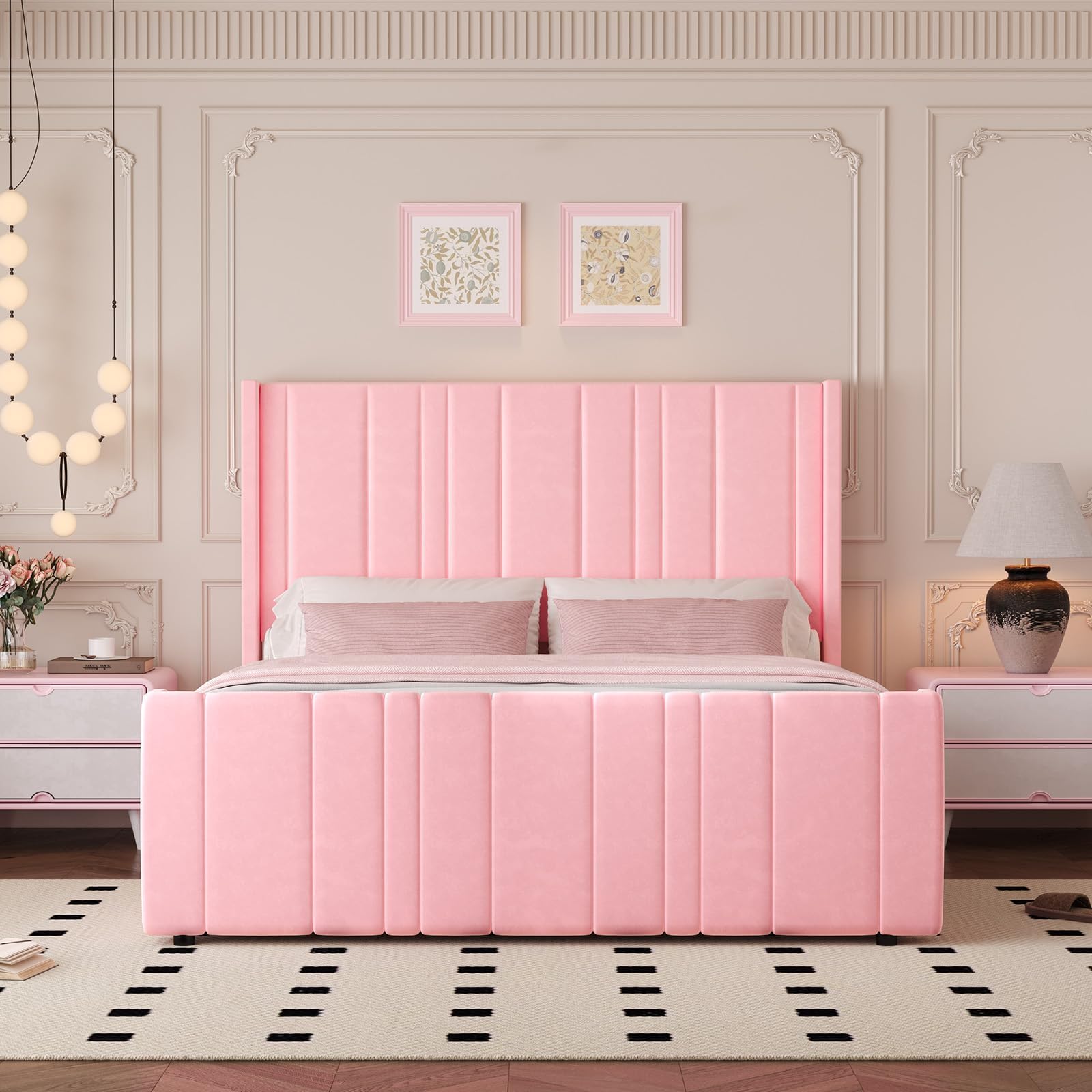 Pink Velvet Queen Bed Frame with Tufted Headboard