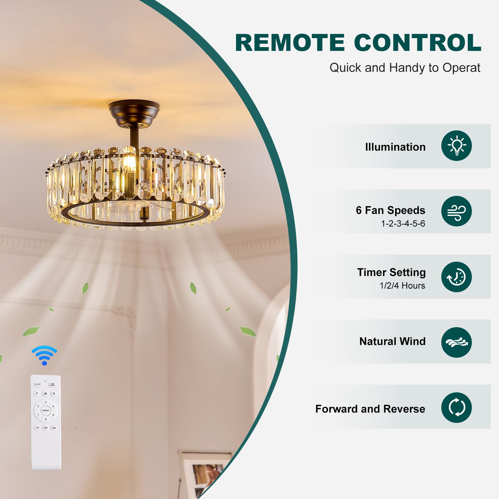 19.7 Inch Black Caged Crystal Ceiling Fan with Light