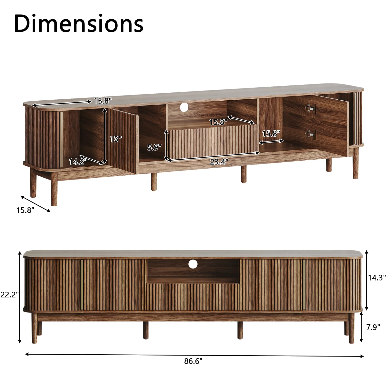 86.6" Fluted TV Stand with Storage Cabinet and Sliding Doors