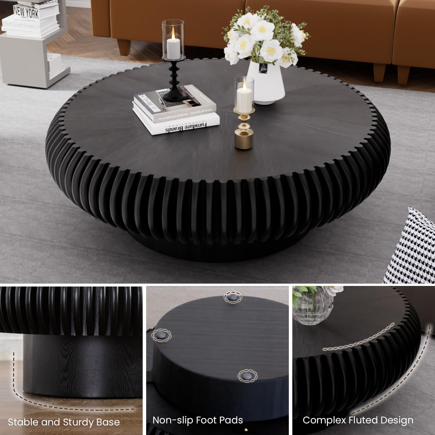 Round Fluted Coffee Table 39.3" Black
