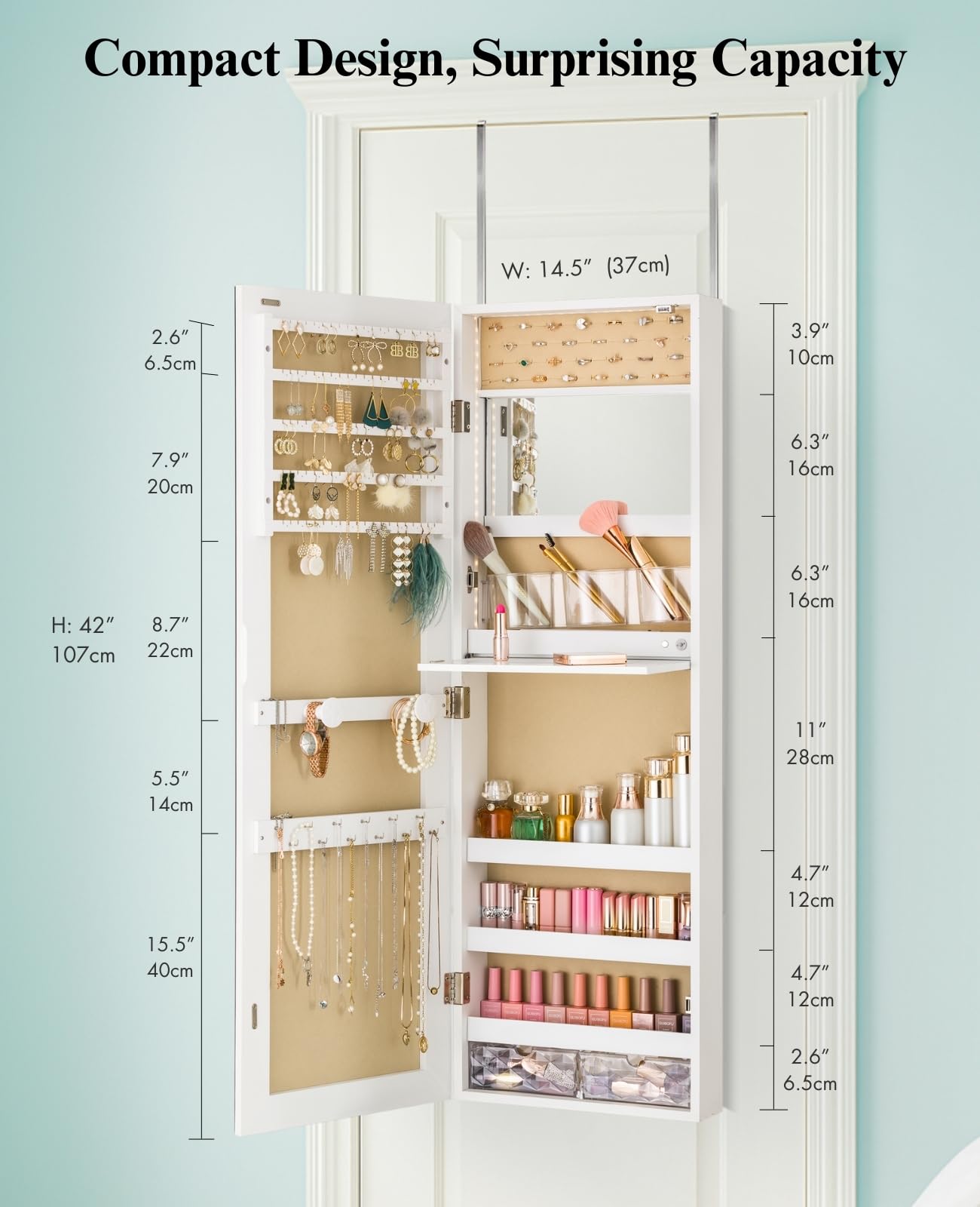 Wall Mounted Mirror Jewelry Cabinet with LED Lights