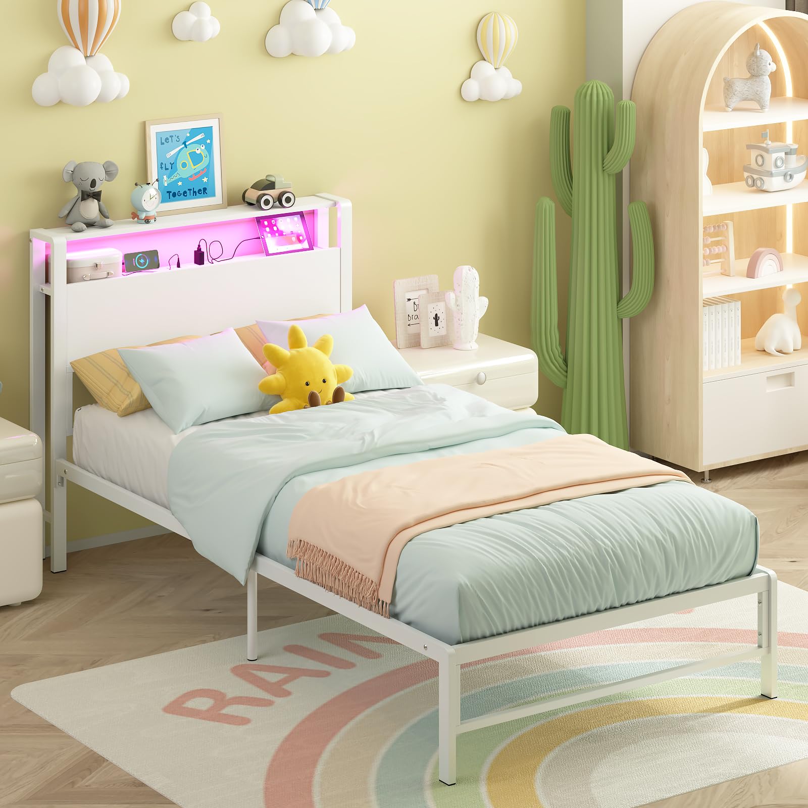 Twin Bed Frame with Storage Shelves and LED Lights