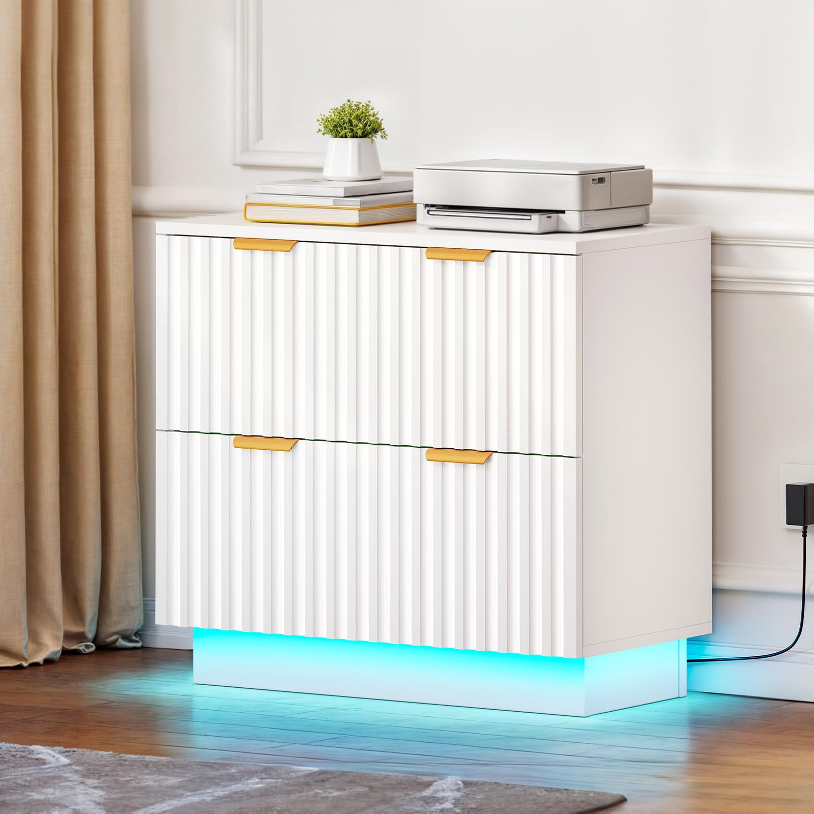 YITAHOME 2 Drawer File Cabinet with Led Light, Modern Filing Cabinet, Large Lateral File Cabinet for Home Office, White