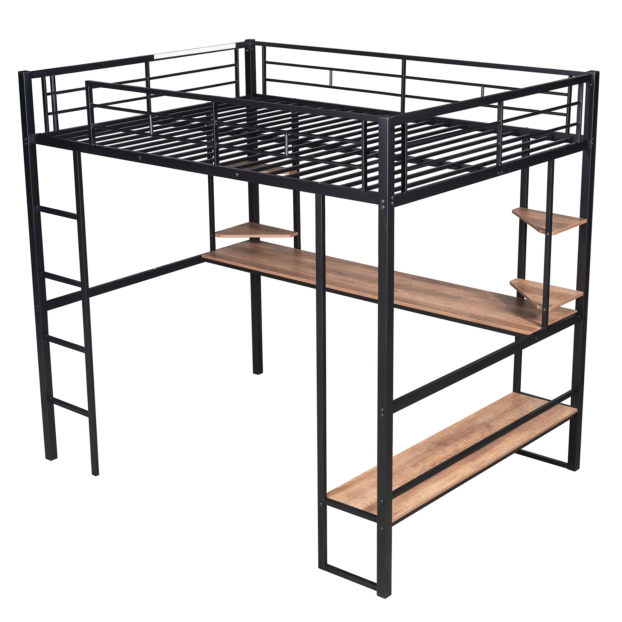 Full Size Metal Loft Bed with Desk and Shelves
