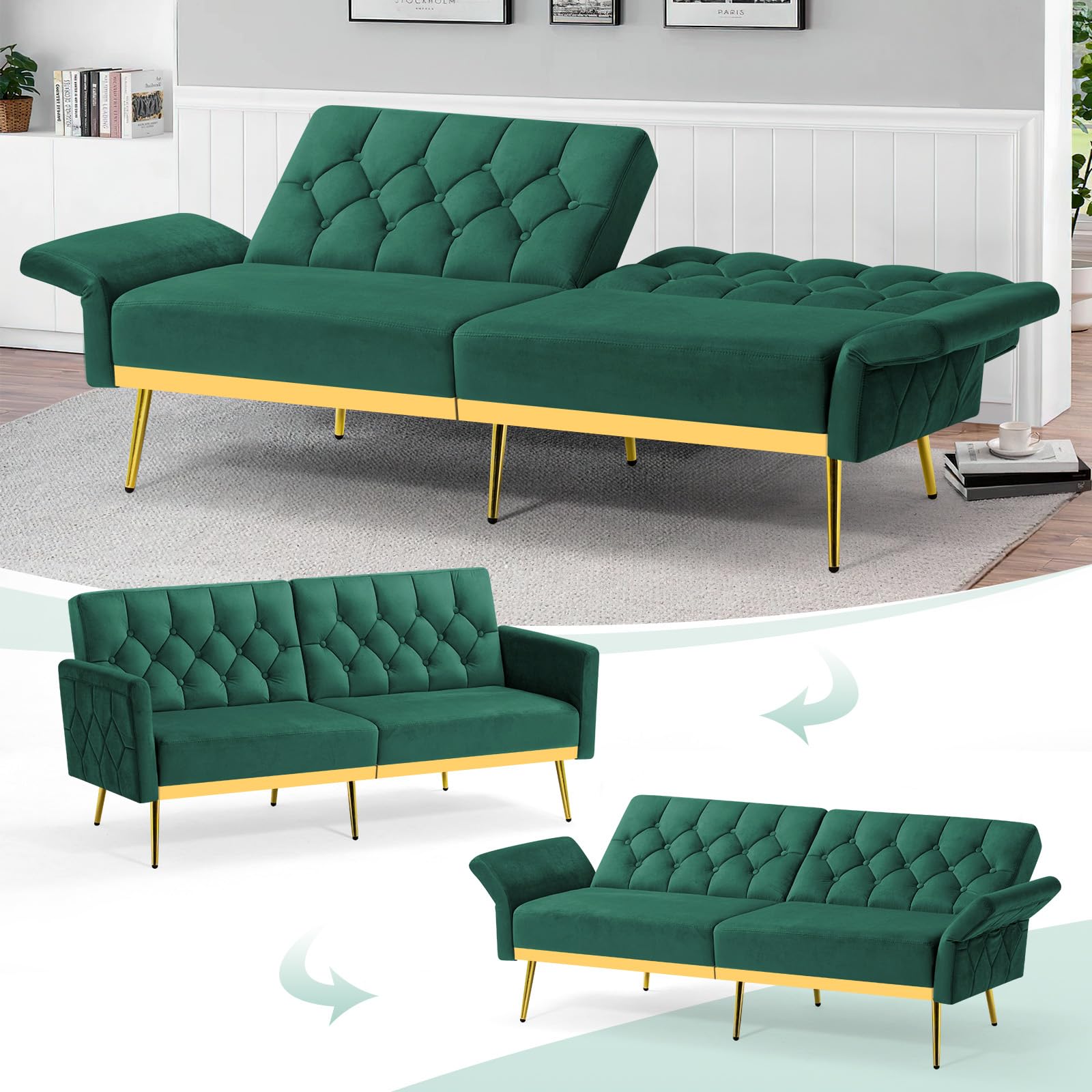 Velvet Futon Sofa Bed with Adjustable Armrests