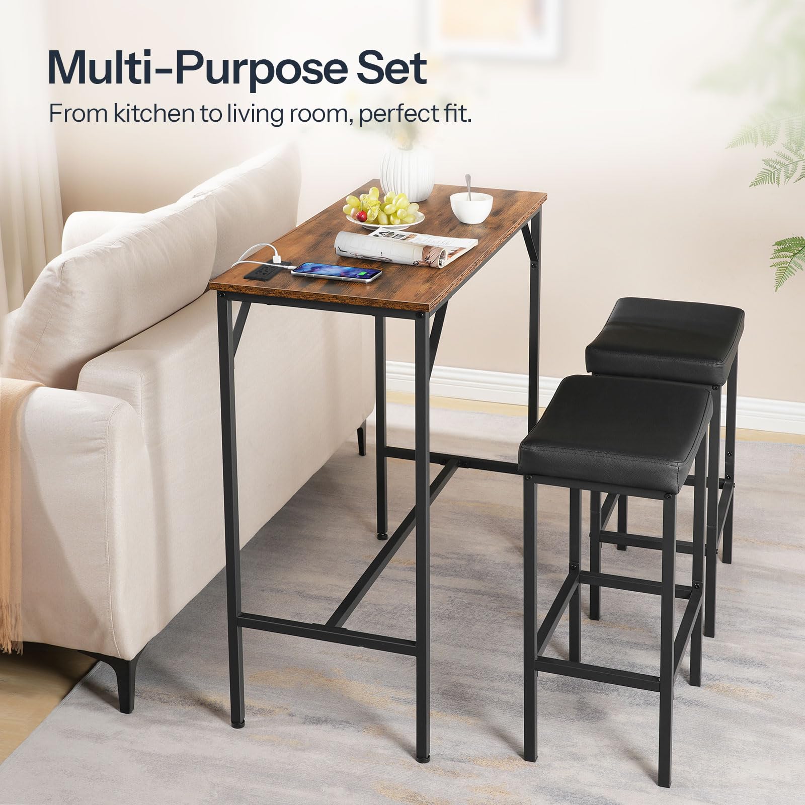 3-Piece Bar Table and Chairs Set with Charging Station
