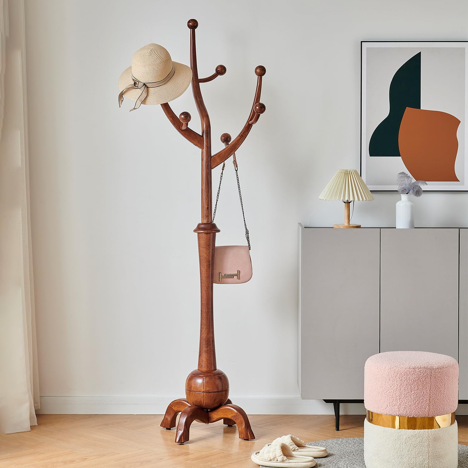 Freestanding Wood Coat Rack with Tree Branch Hooks