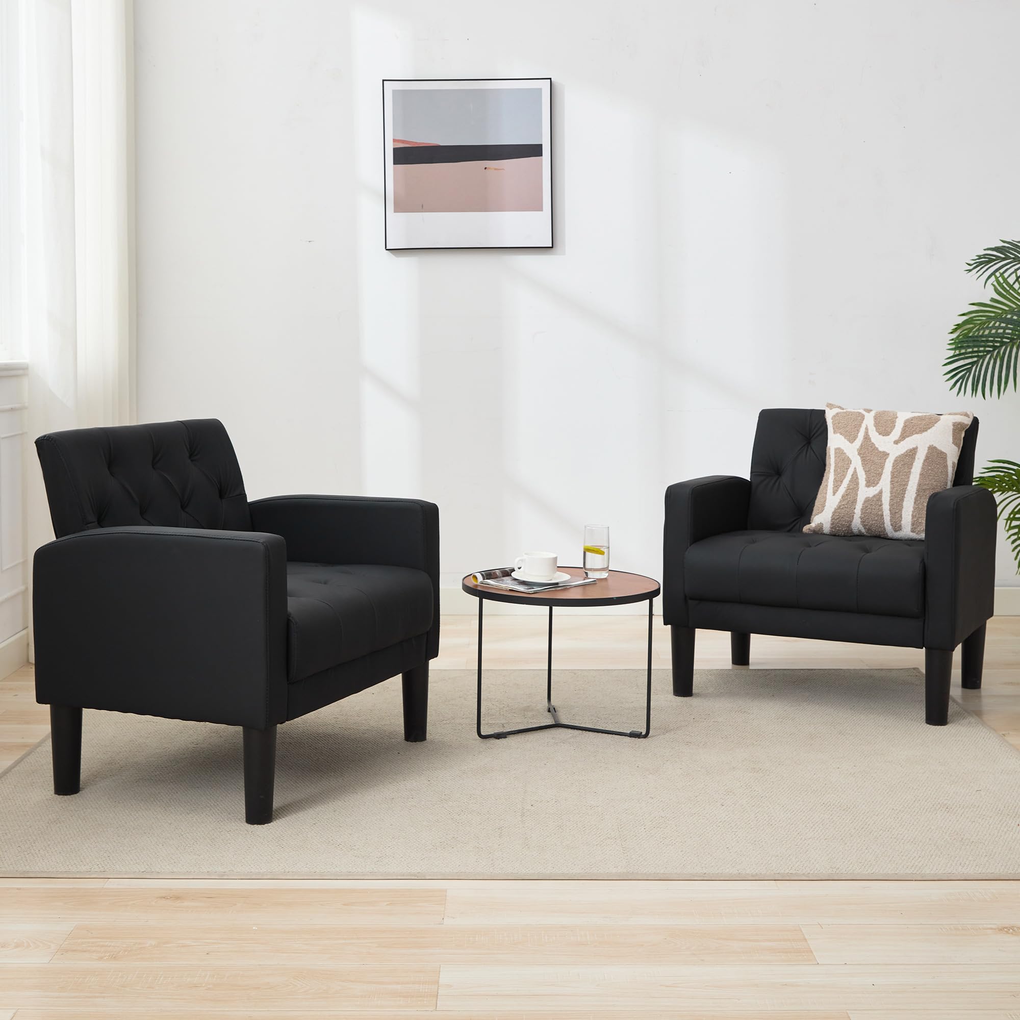 TYBOATLE Leather Chairs Set of 2 Comfy Living Room Chair Black Leather Tufted Mid Century Modern Accent Chair, Small Cozy Reading Arm Chair for Office, Bedroom
