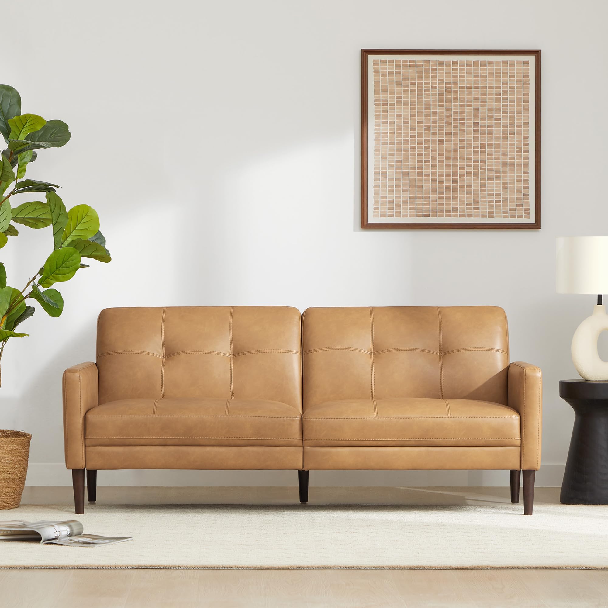 Mid-Century Faux Leather Sofa 73" Brown