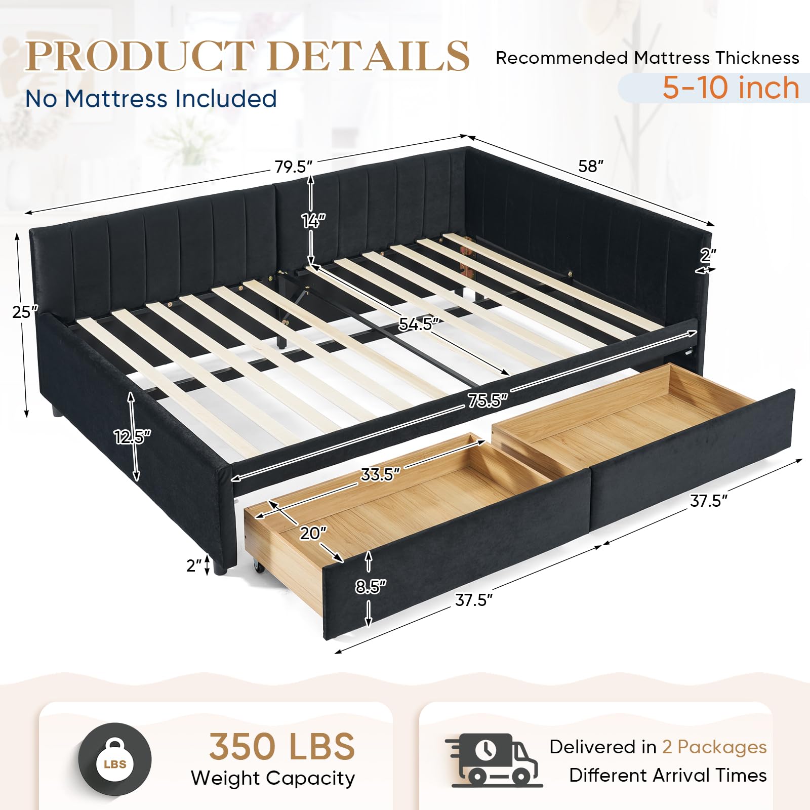 Full Daybed with Storage Drawers and Tufted Velvet Upholstery