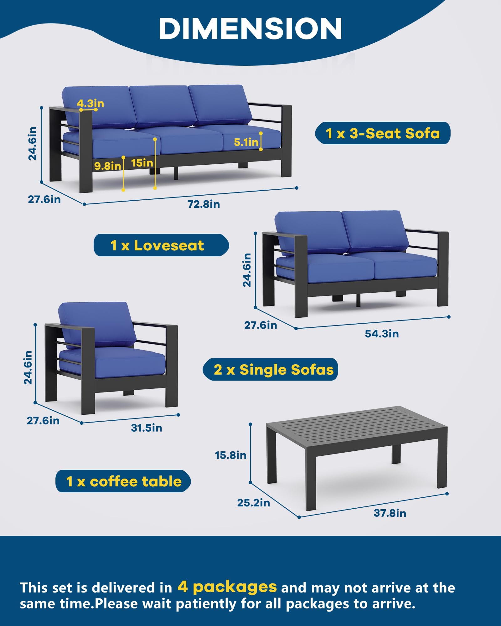 7-Seat Aluminum Patio Sectional Sofa Set with Coffee Table