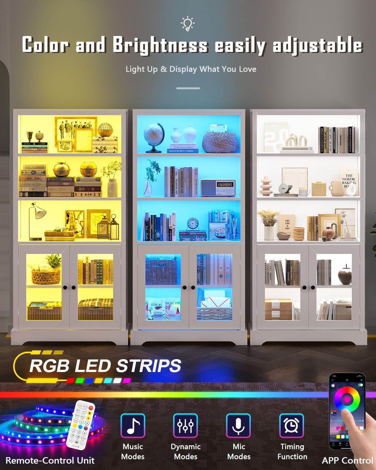 5-Tier Bookshelf with Multi-Color Ambient Lights and Cabinet Doors