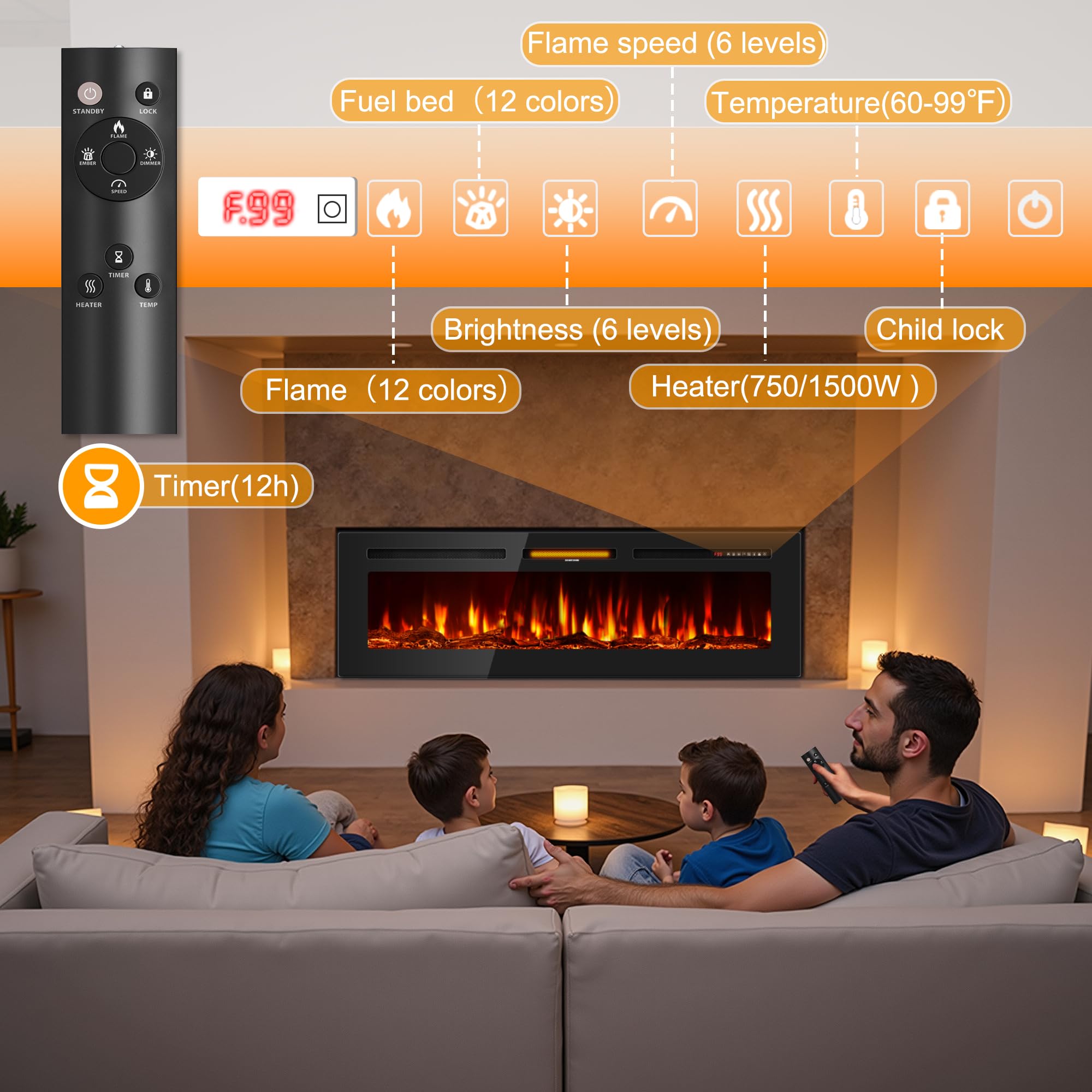 50 Inch Wall-Mounted Electric Fireplace