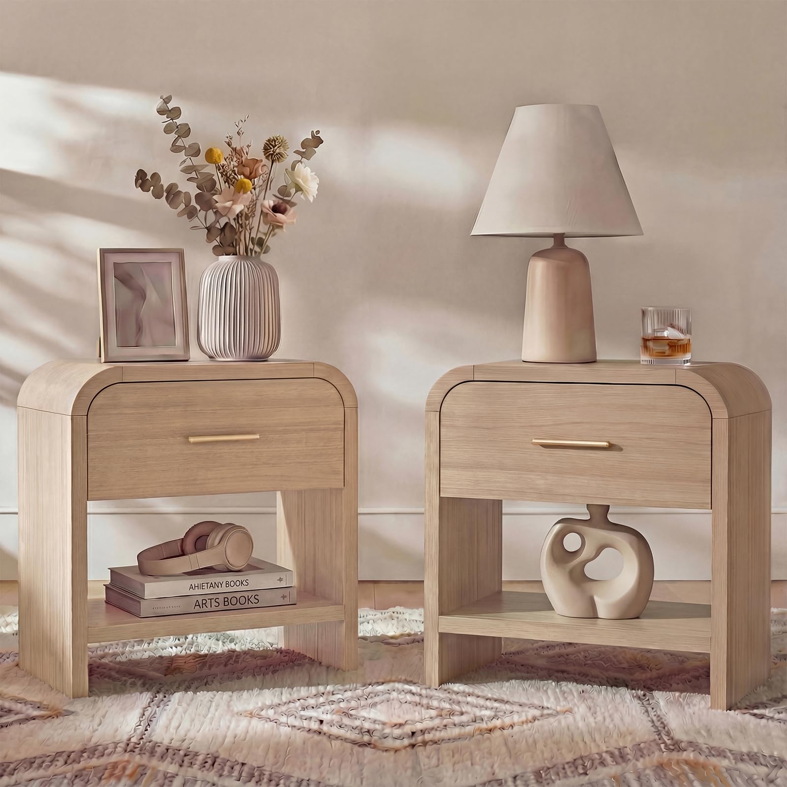 Night Stand Set of 2 with Drawer and Storage Shelf