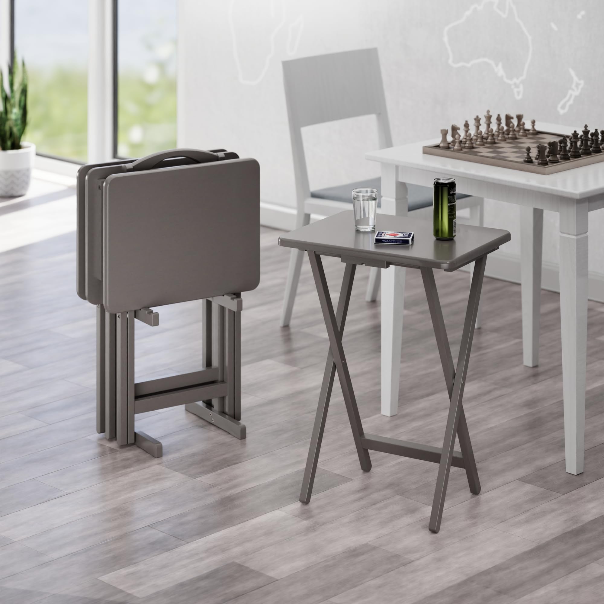 4 Snack Tables with Storage Stand Oyster Gray