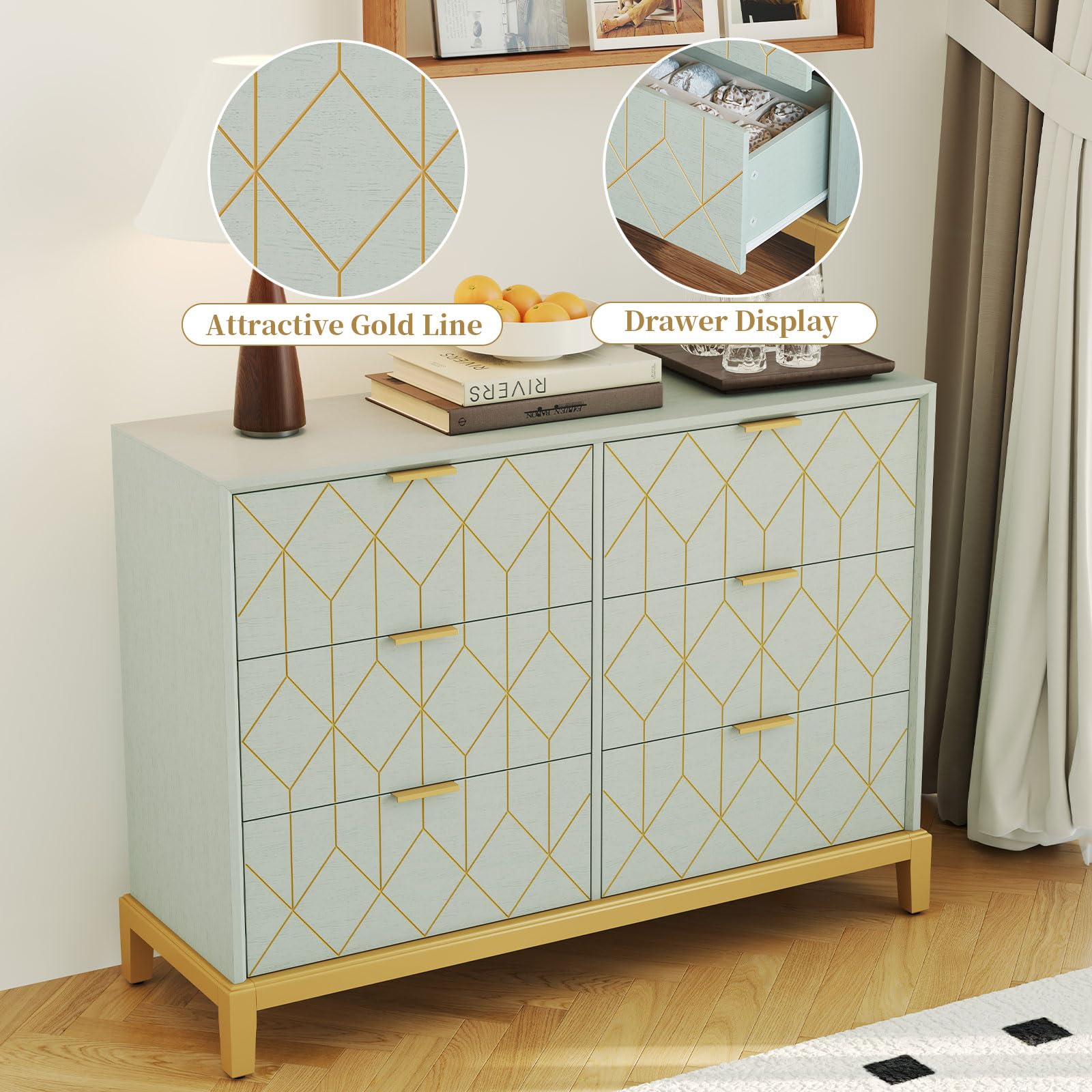 Green Dresser with 6 Drawers - 48" Wide Chest with Gold Carved Design