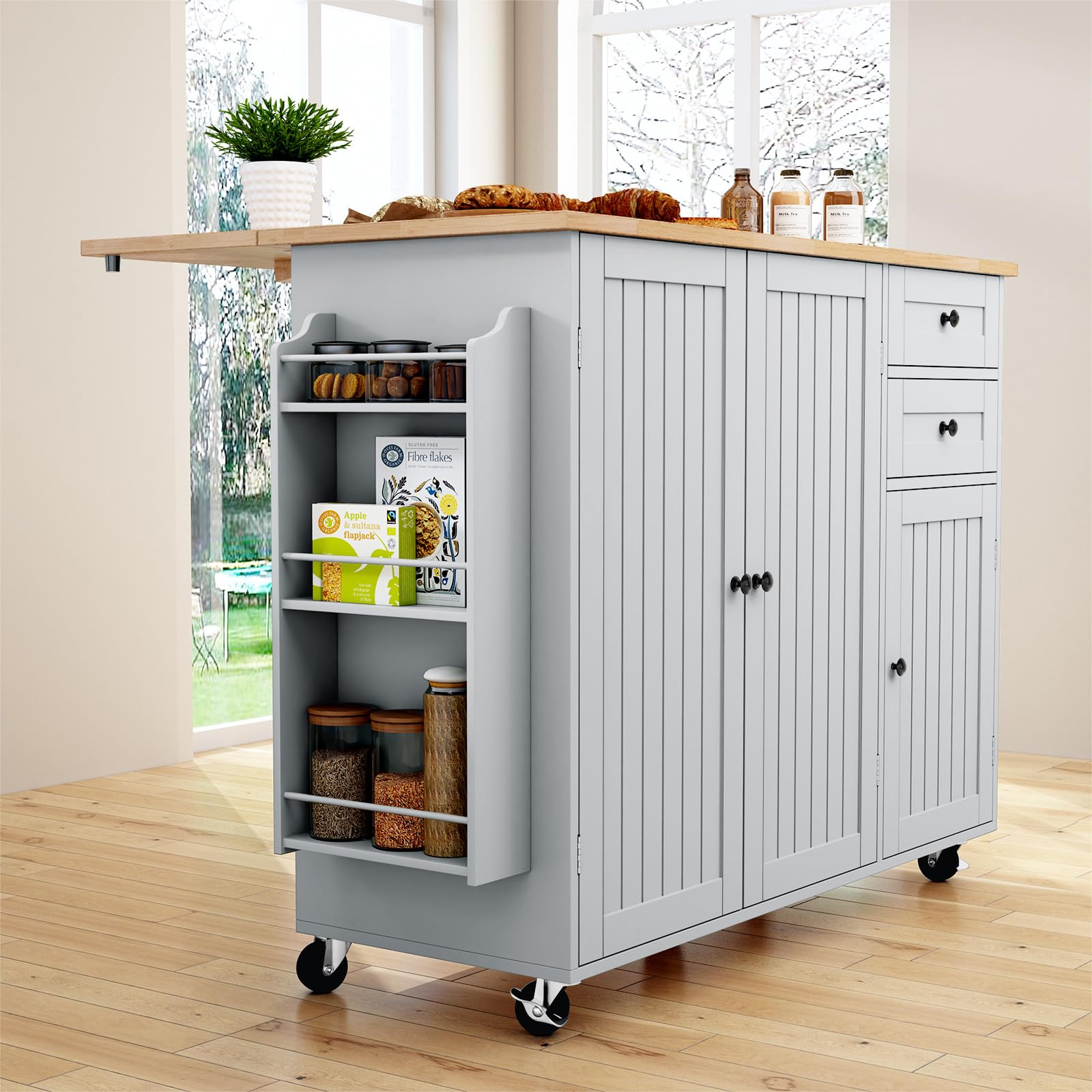 Grey Rolling Kitchen Island with Drop-Leaf and Storage
