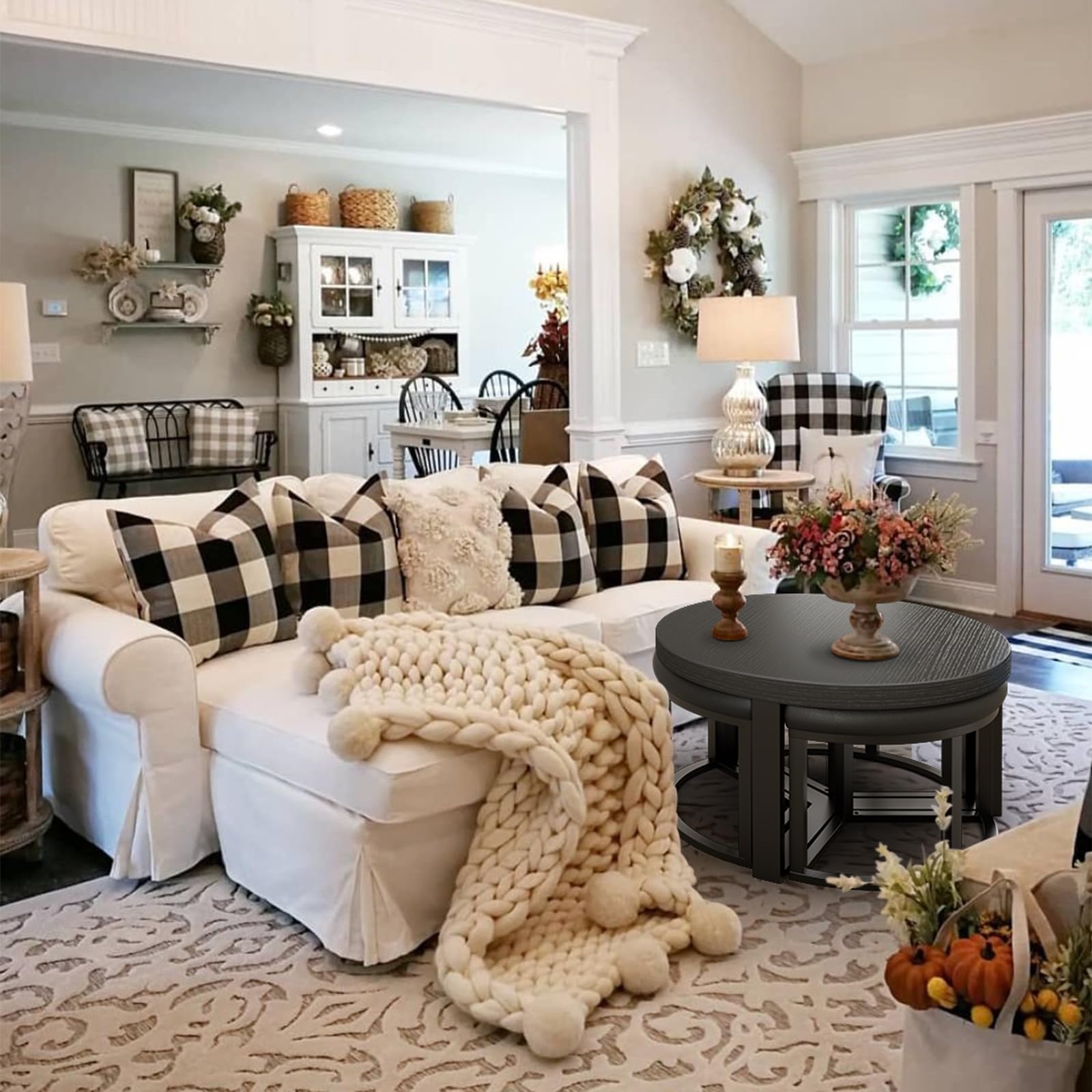 Round Coffee Table with Stools Underneath