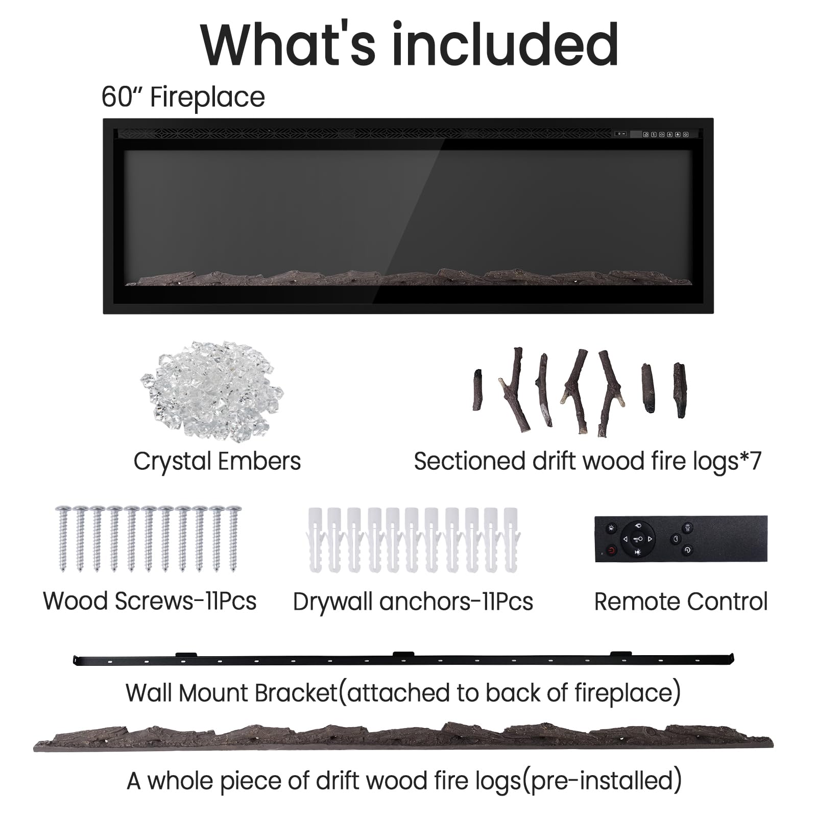 60" Smart Electric Fireplace with Voice Control and Realistic Flame