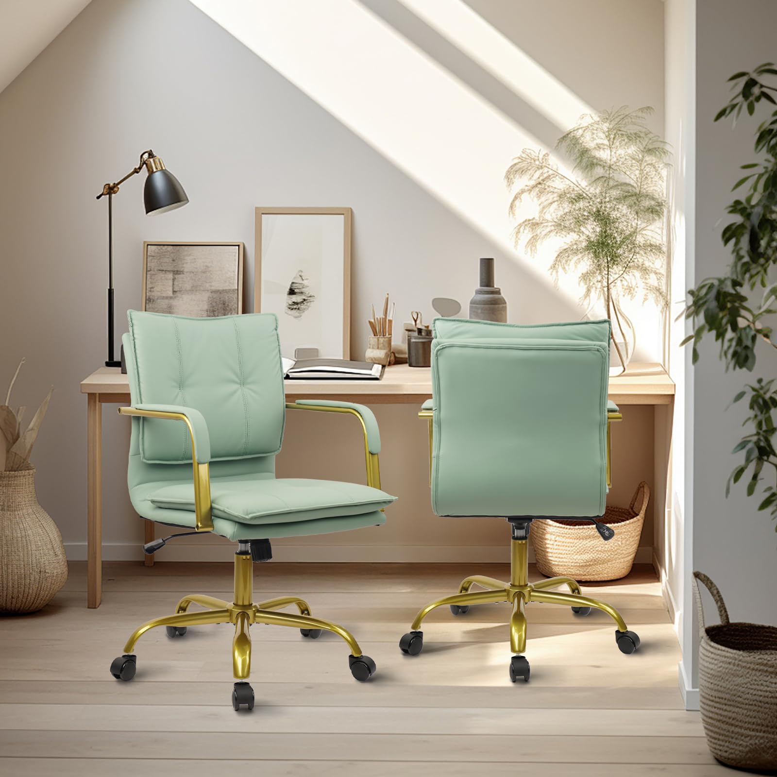 Leather Swivel Mid-Back Computer Chair with Golden Legs