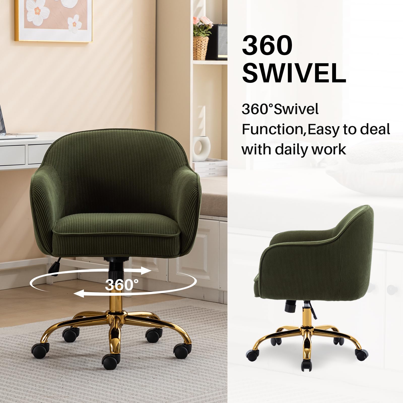 Velvet Upholstered Office Chair with Gold Wheels - Ergonomic Swivel Desk Chair