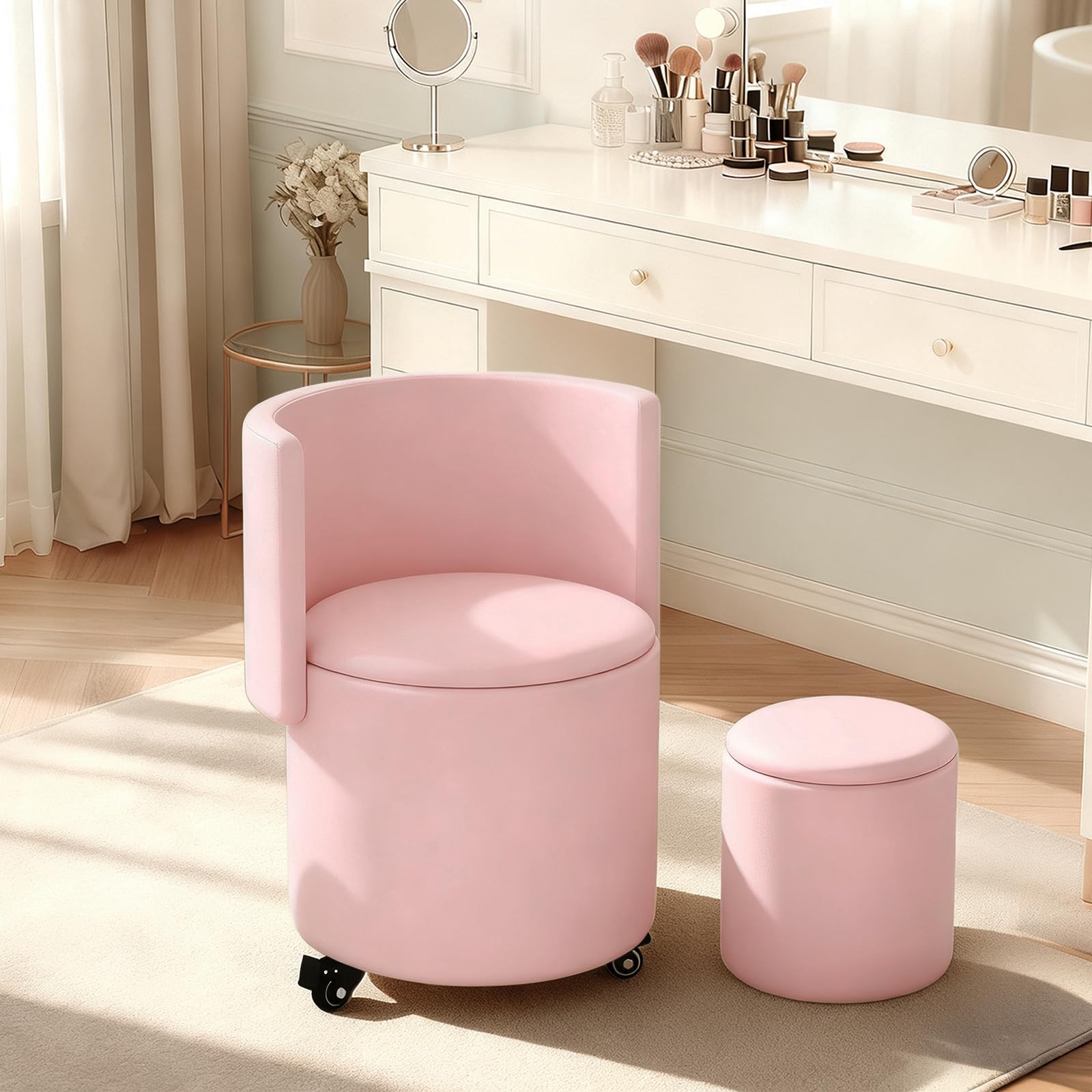 Rolling Round Vanity Chair with Storage