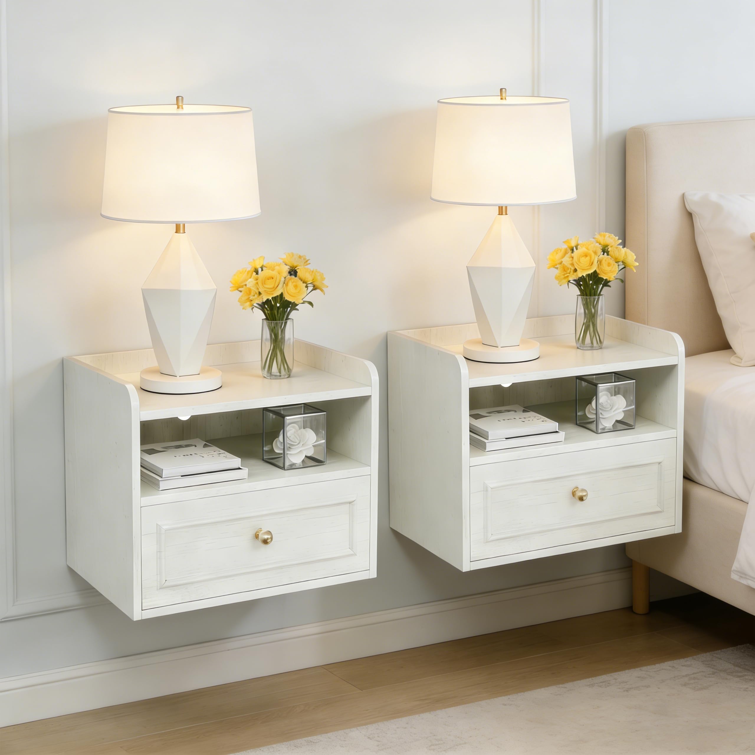 Wall Mounted Floating Nightstand with Charging Station Set of 2