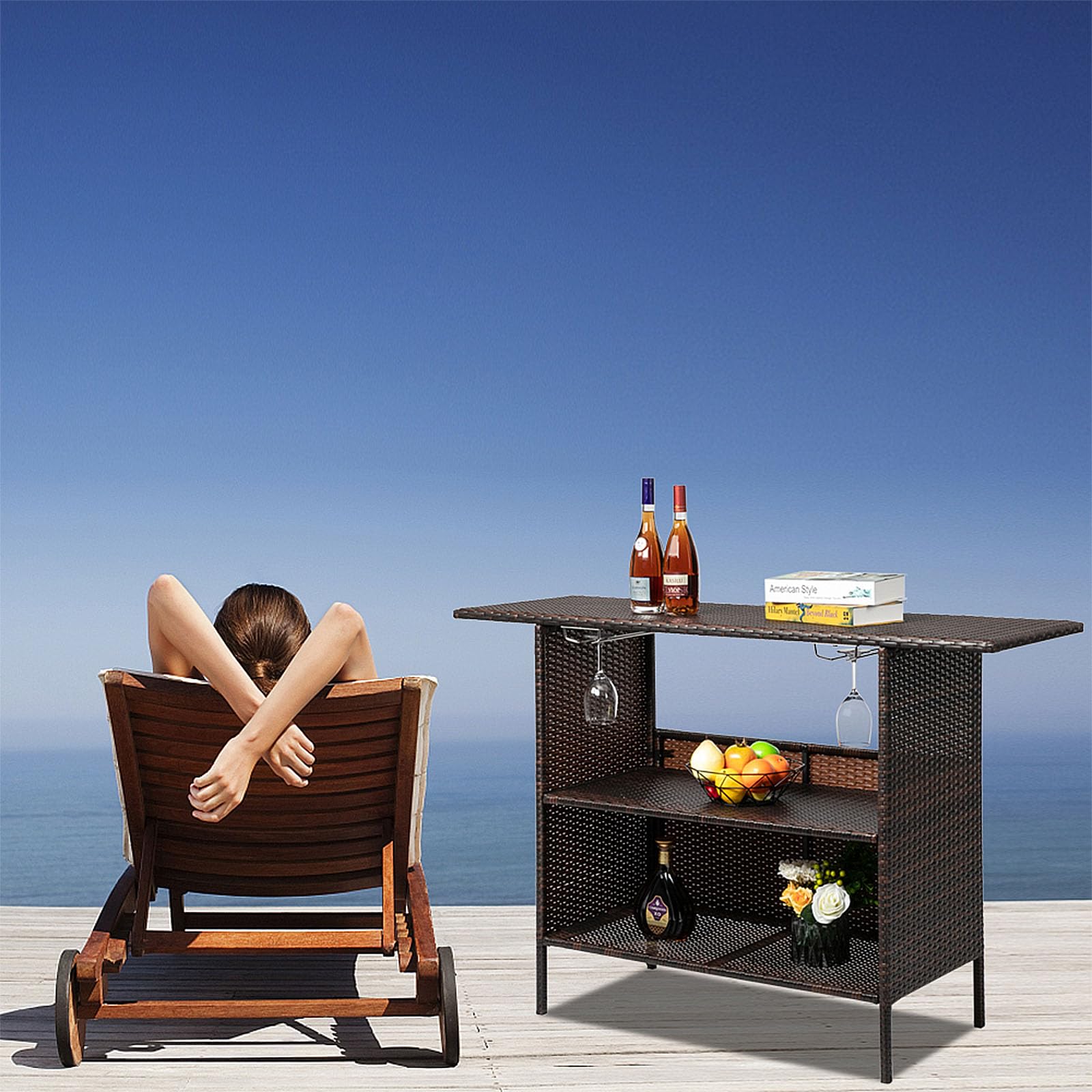Outdoor Bar Counter Table with Storage Shelves and Wine Racks