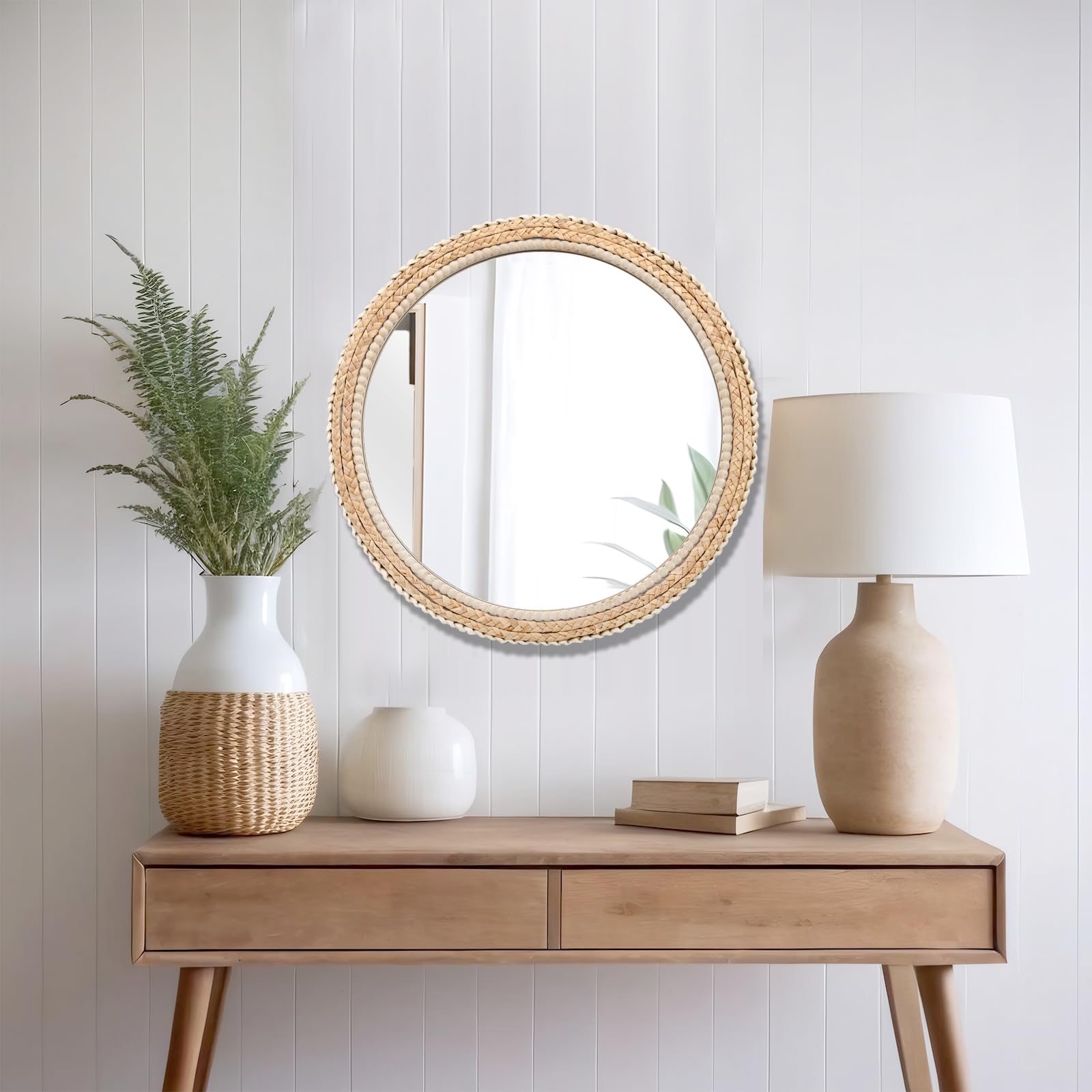 24" Rattan Wood Round Mirror