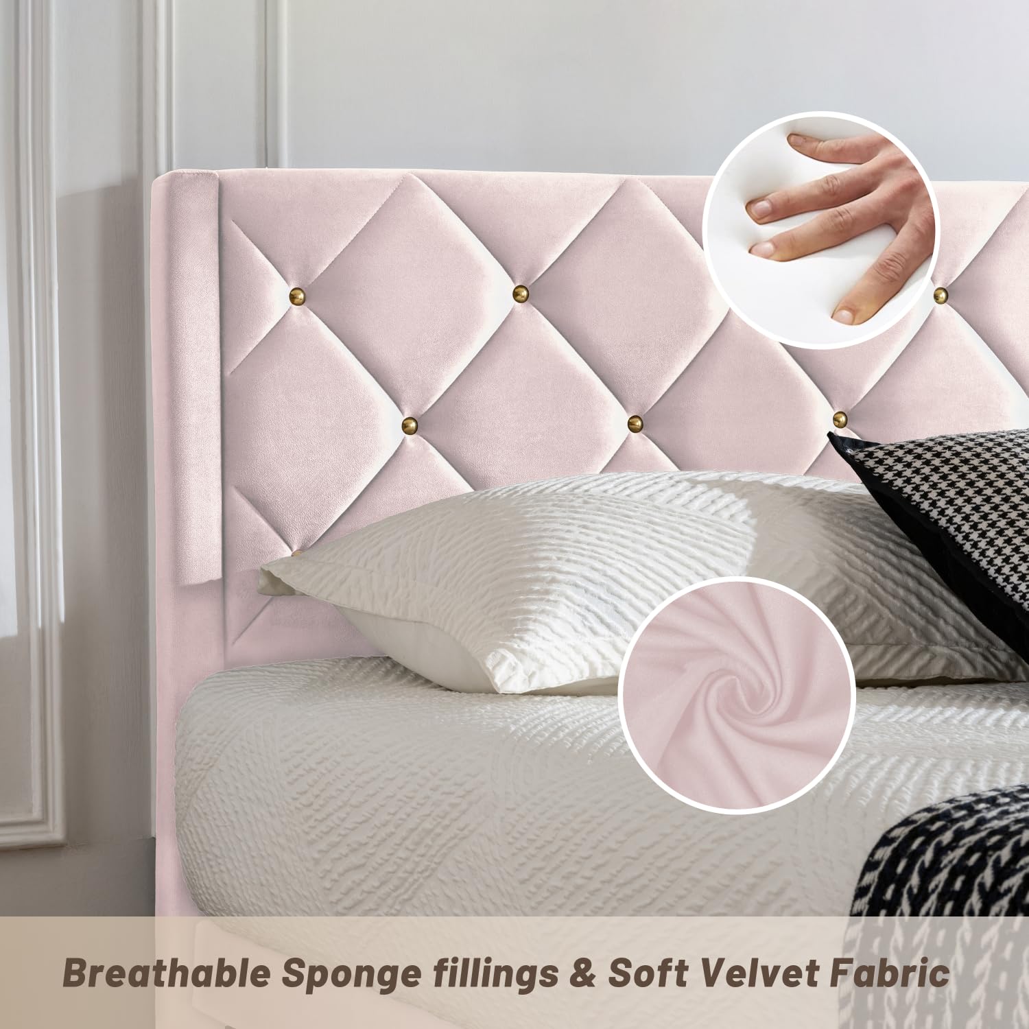 Queen Platform Bed Frame with Velvet Upholstered Headboard