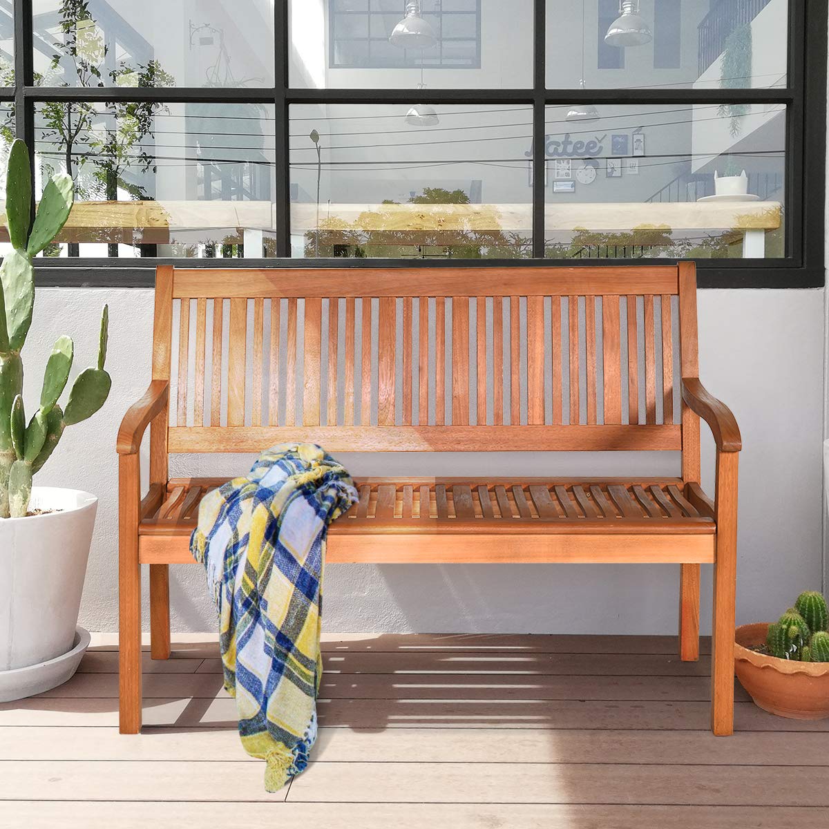 Eucalyptus Outdoor Loveseat Bench with Curved Armrests