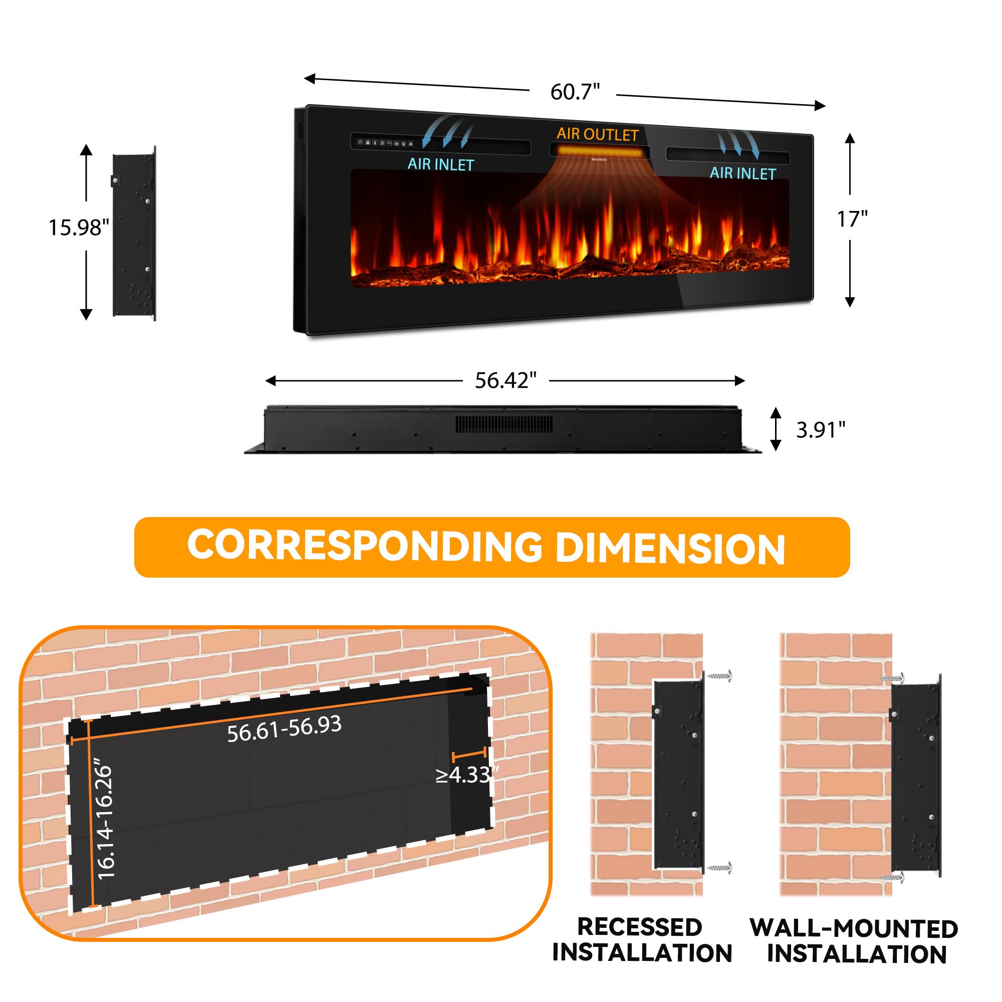 60 Inch Electric Fireplace Wall Mounted Linear Heater