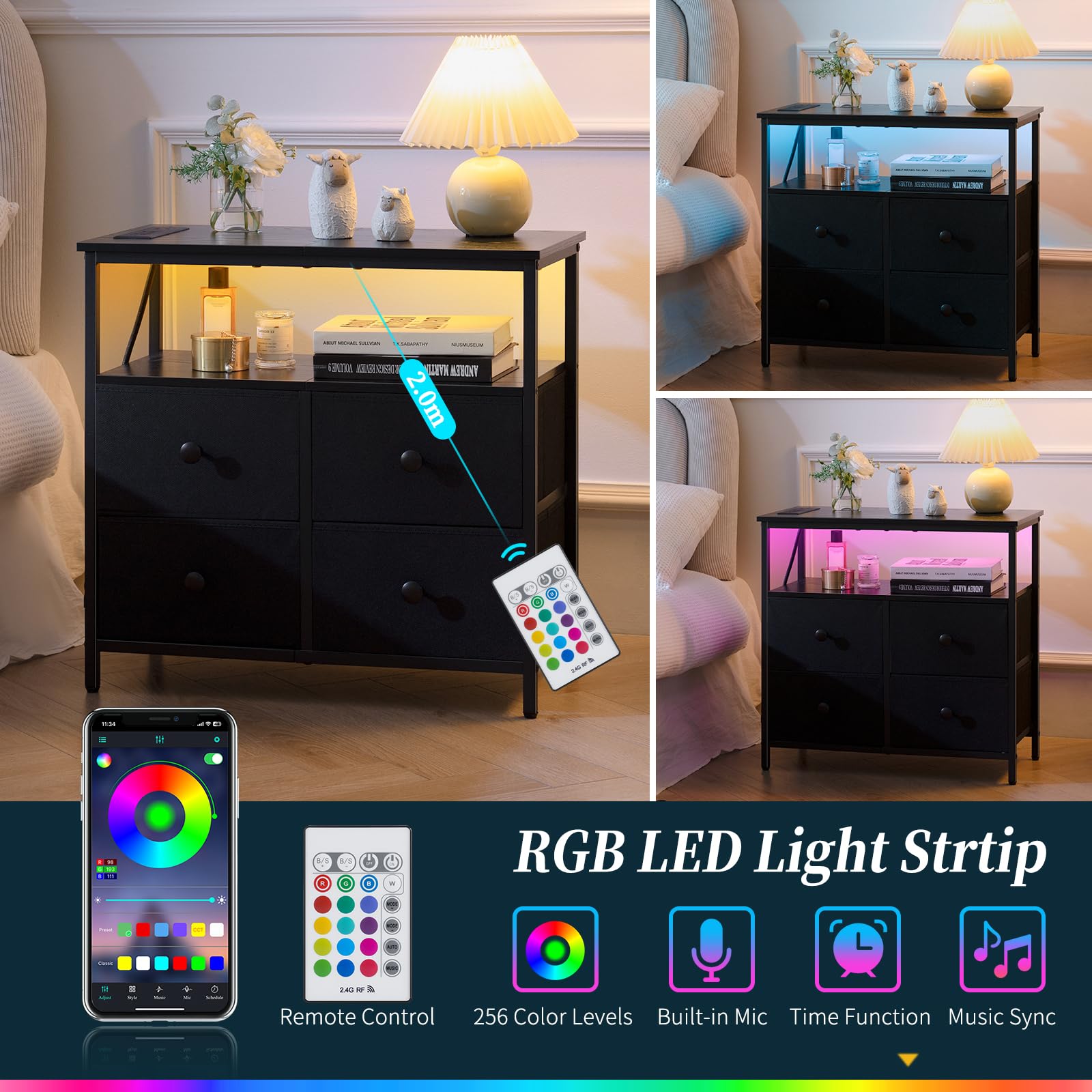 LED Nightstand with Charging Station and 4 Drawers
