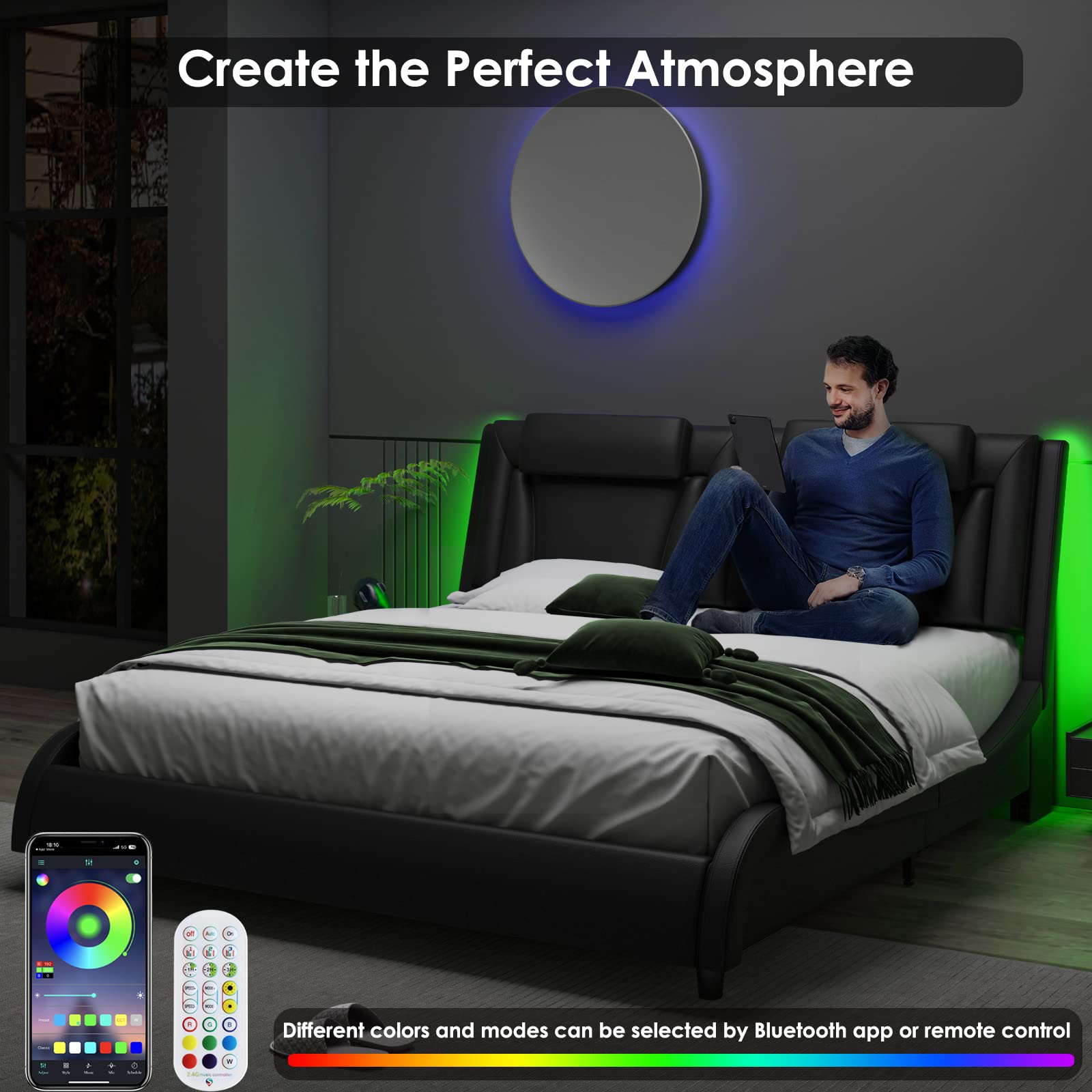Modern Upholstered Platform Bed Frame with Adjustable LED Headboard - Queen