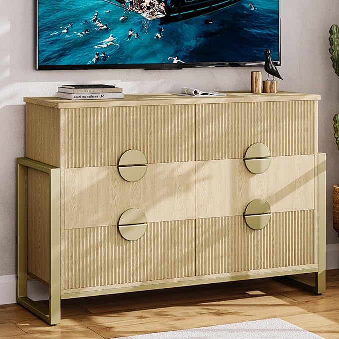 Fluted Dresser with 4 Drawers - Modern Chest with Steel Frame