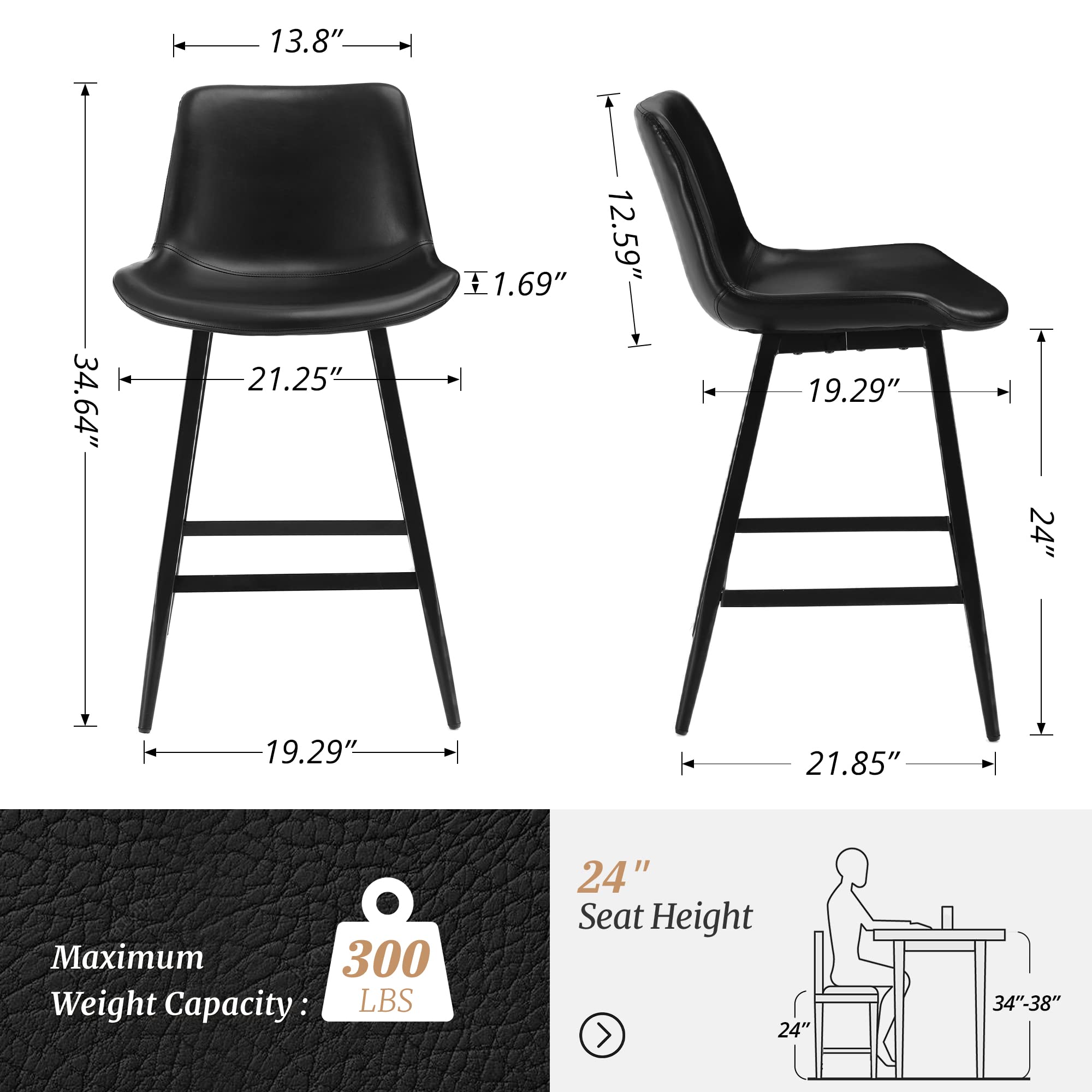 24 Inch Counter Stool Set of 3 with Back and Footrest