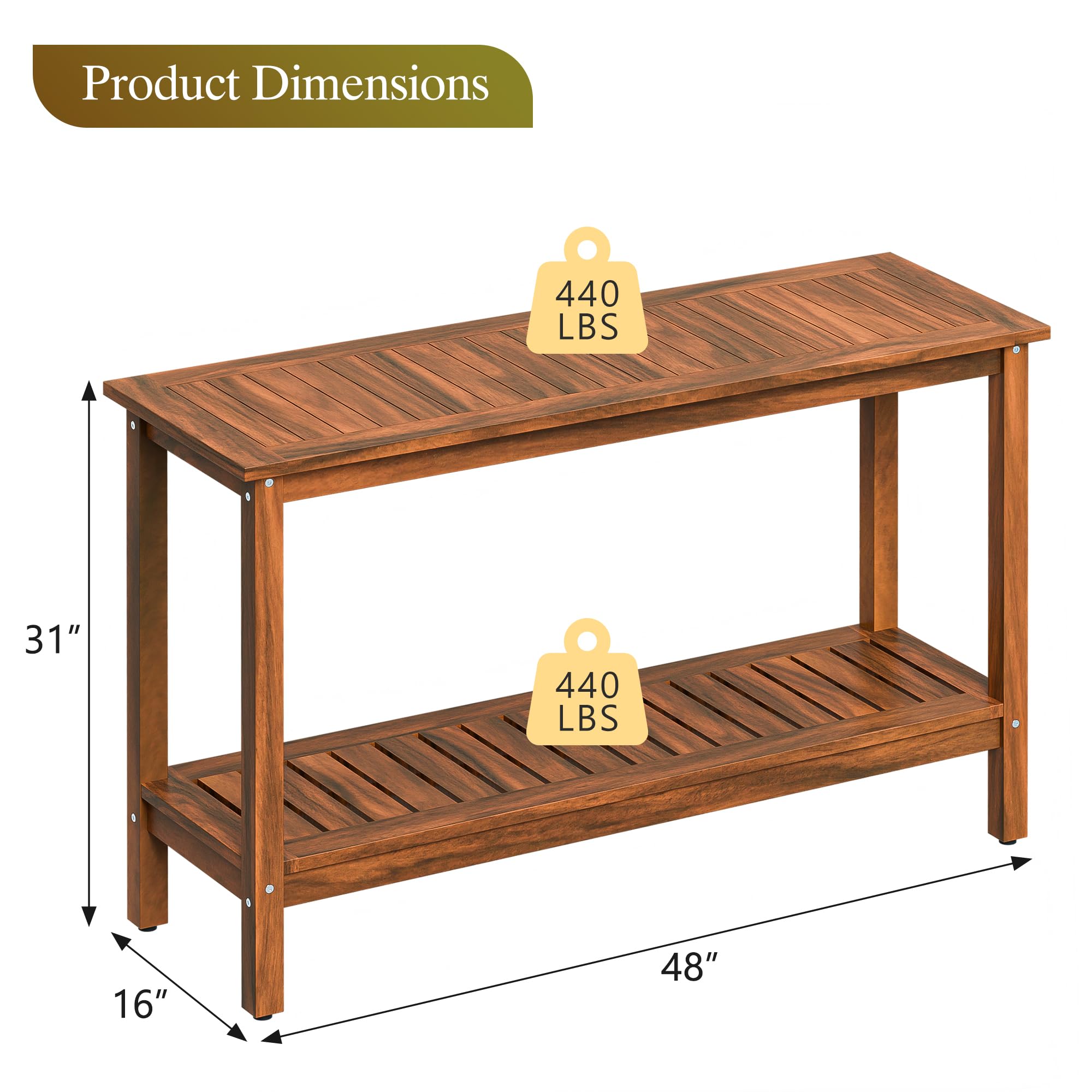 Outdoor Solid Wood Console Table 48" 2-Shelf Natural