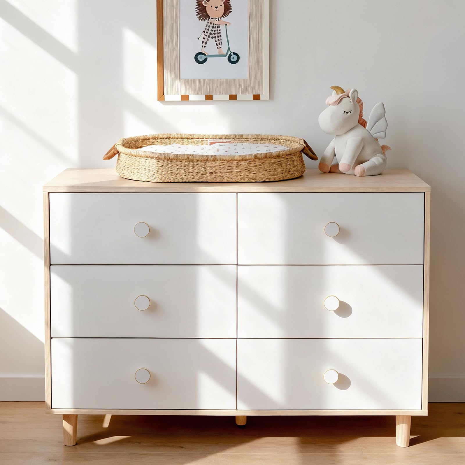 White 6 Drawer Dresser with Solid Wood Legs