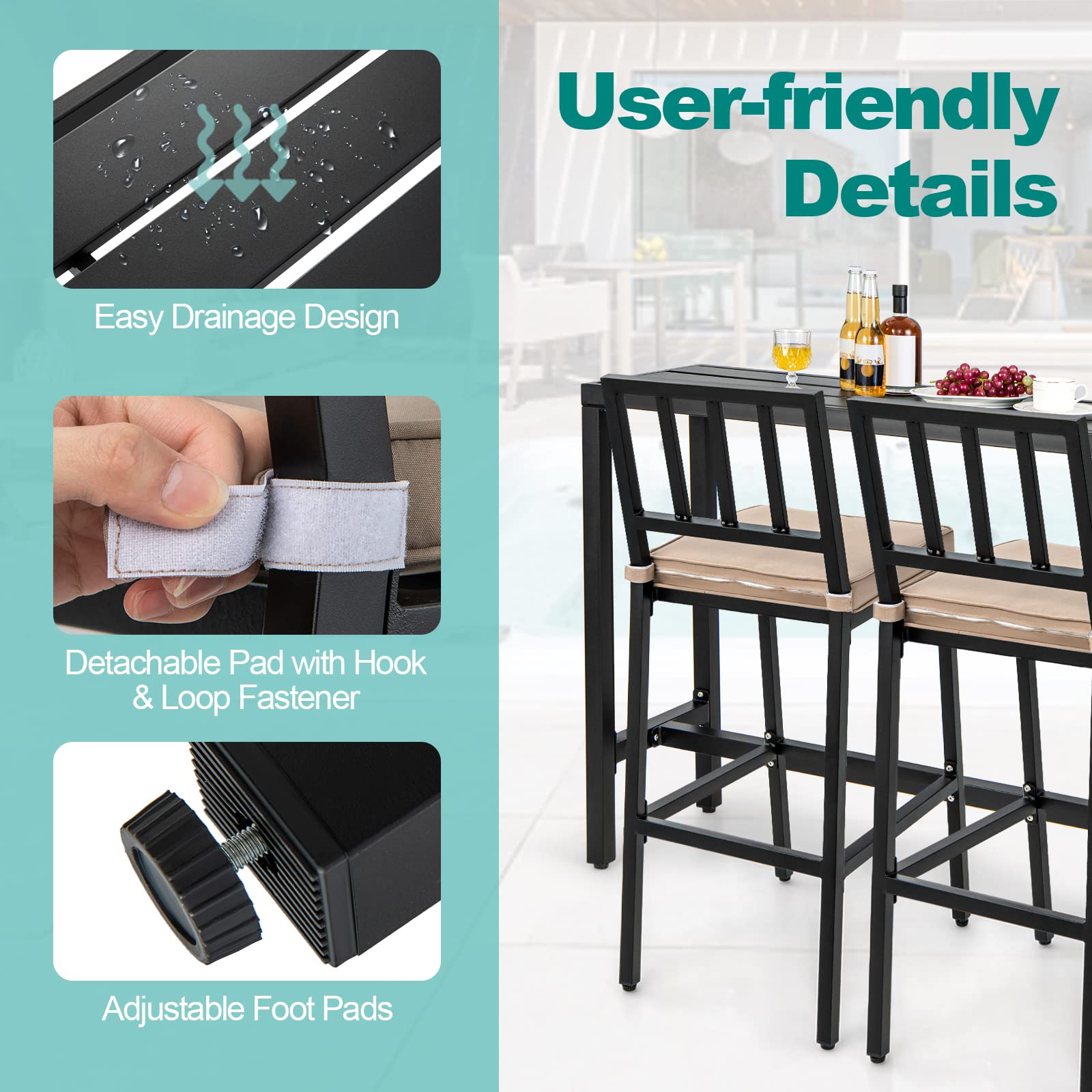 3 Piece Outdoor Patio Bar Set with Cushioned Stools