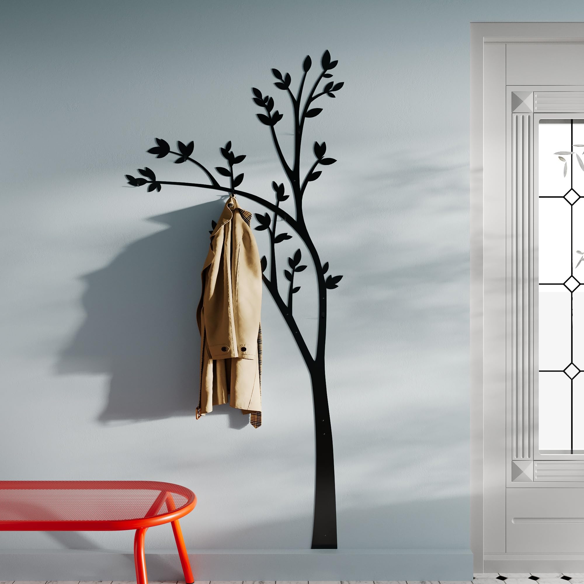 Wall Mounted Coat Rack - Black Metal Tree Style with 6 Hooks