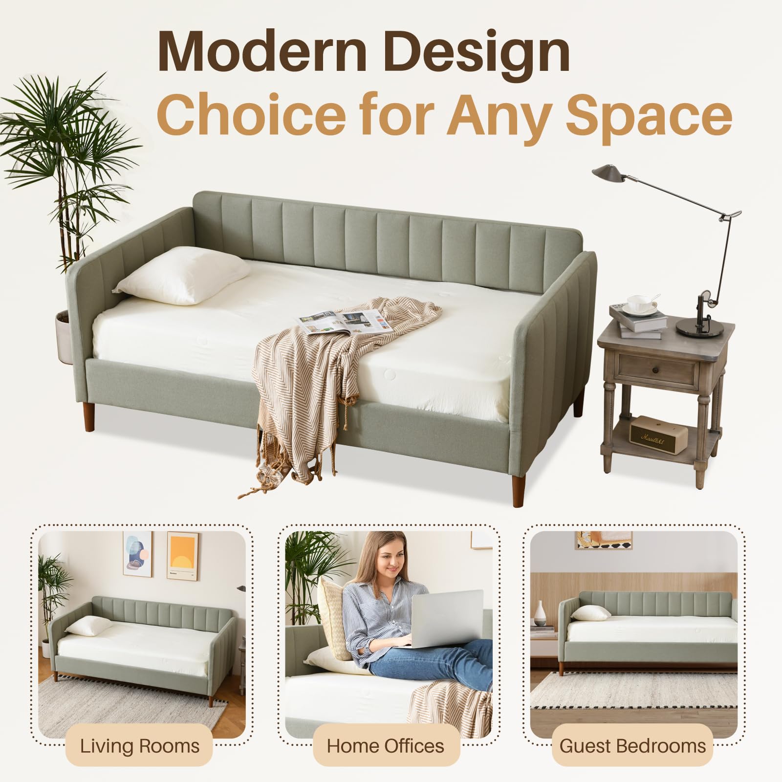 Twin Size Upholstered Daybed with Wood Slat Support - Light Green