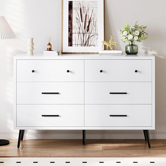 White 6-Drawer Dresser with Black Metal Handles